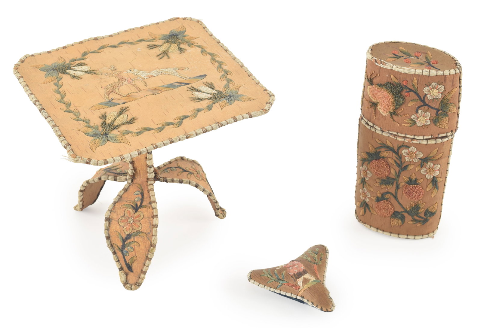 3 Native American Huron moose fur birch bark and quill work items including a miniature table, a (1 of 5)