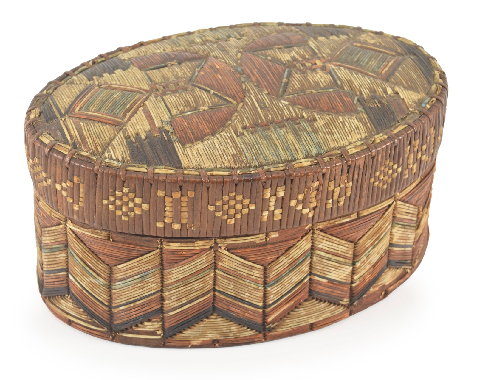 Micmac American Indian porcupine quill covered box. Oval form. Geometric polychrome designs. Birch (1 of 8)