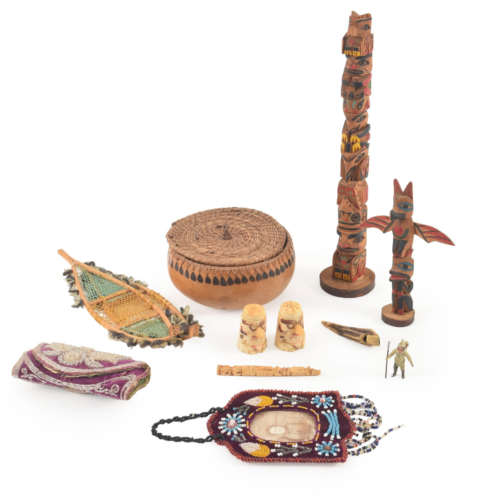 Lot of American Indian themed items. To include: Northwest style carved and painted totems, (1 of 9)