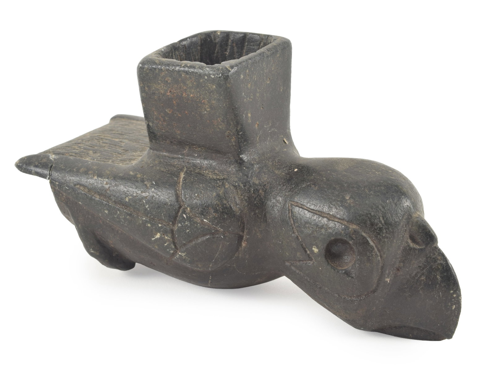 Northwest coast American Indian carved stone bird effigy pipe. Chip at tail. Length 6 in. (1 of 5)