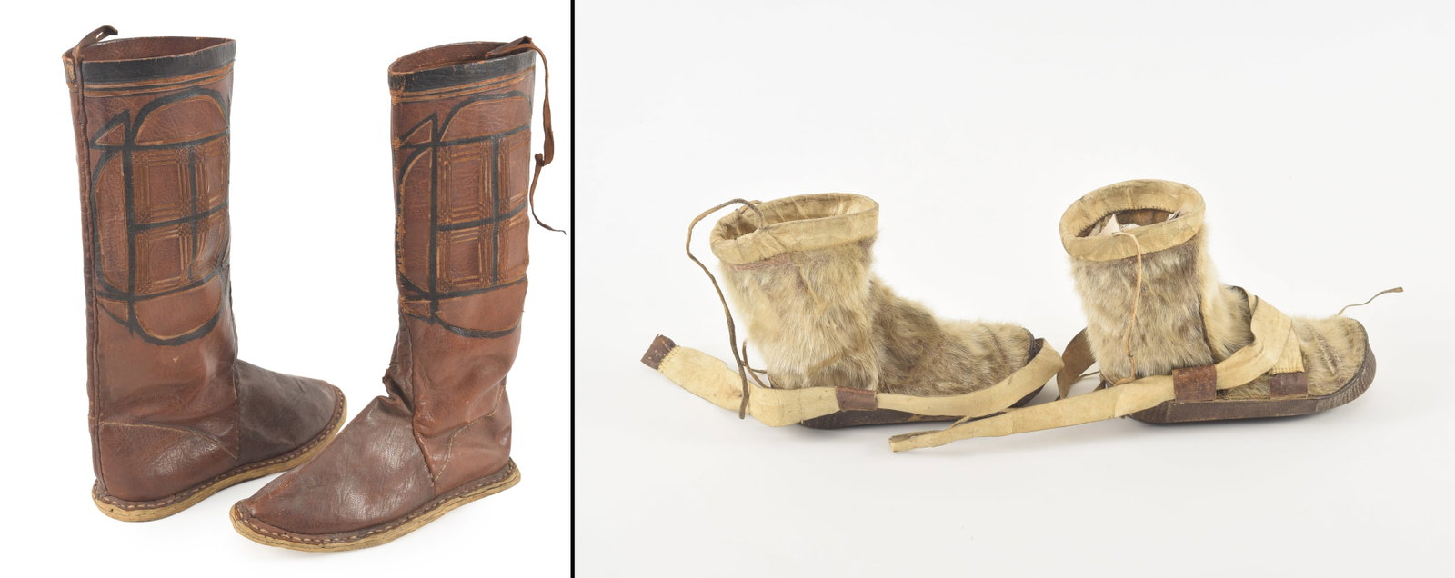 2 Pairs of Inuit boots, a child's pair of fur boots and pair of tall hide boots with scored (1 of 18)