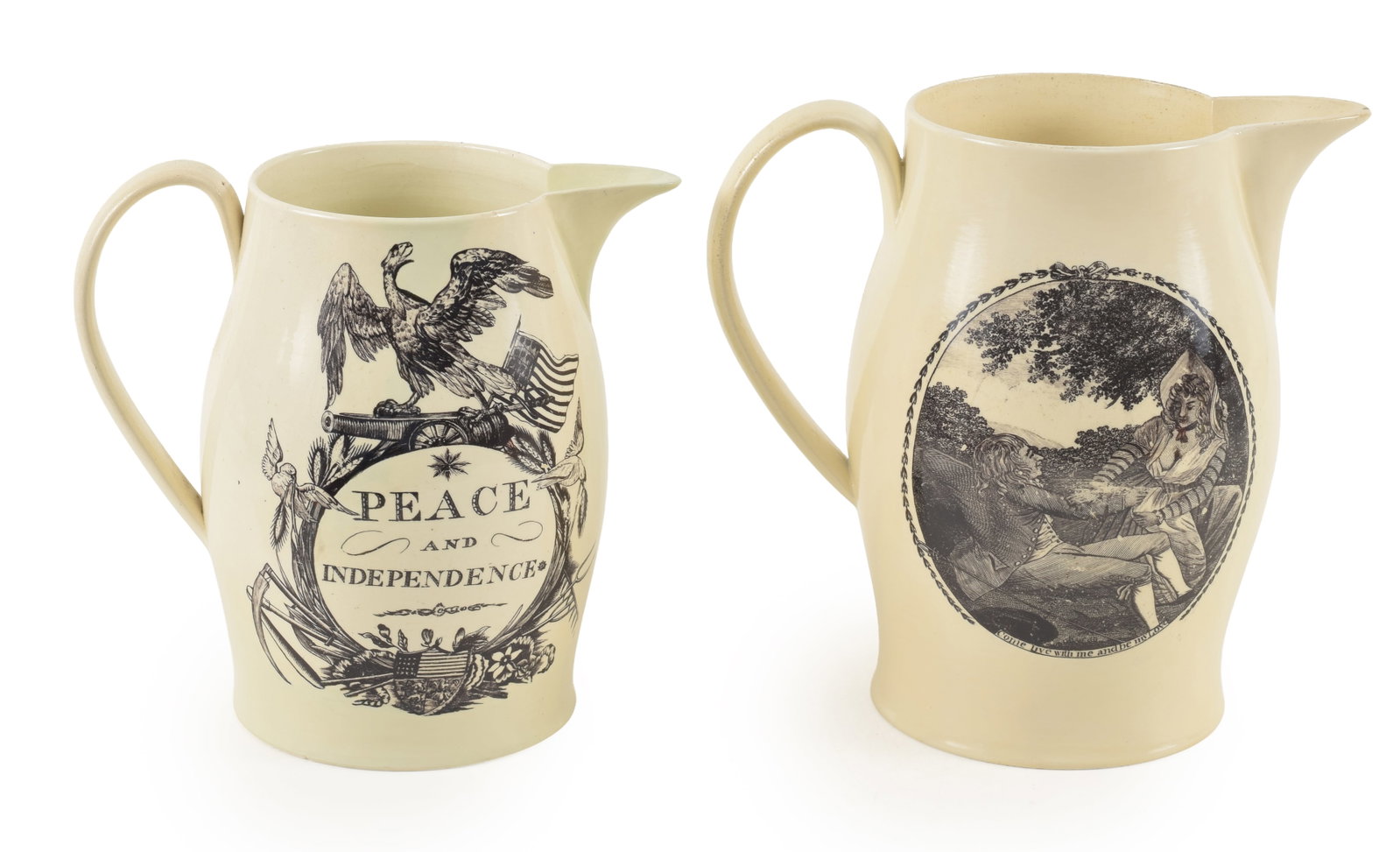 2 Liverpool creamware pitchers with transfer decoration, each restored. One, Peace and Independence (1 of 11)