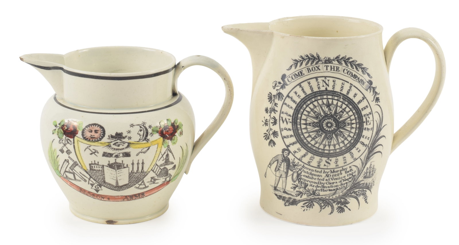 2 19th century Liverpool style pitchers. 1) Smaller pitcher with Masonic arms on one side, and a (1 of 7)