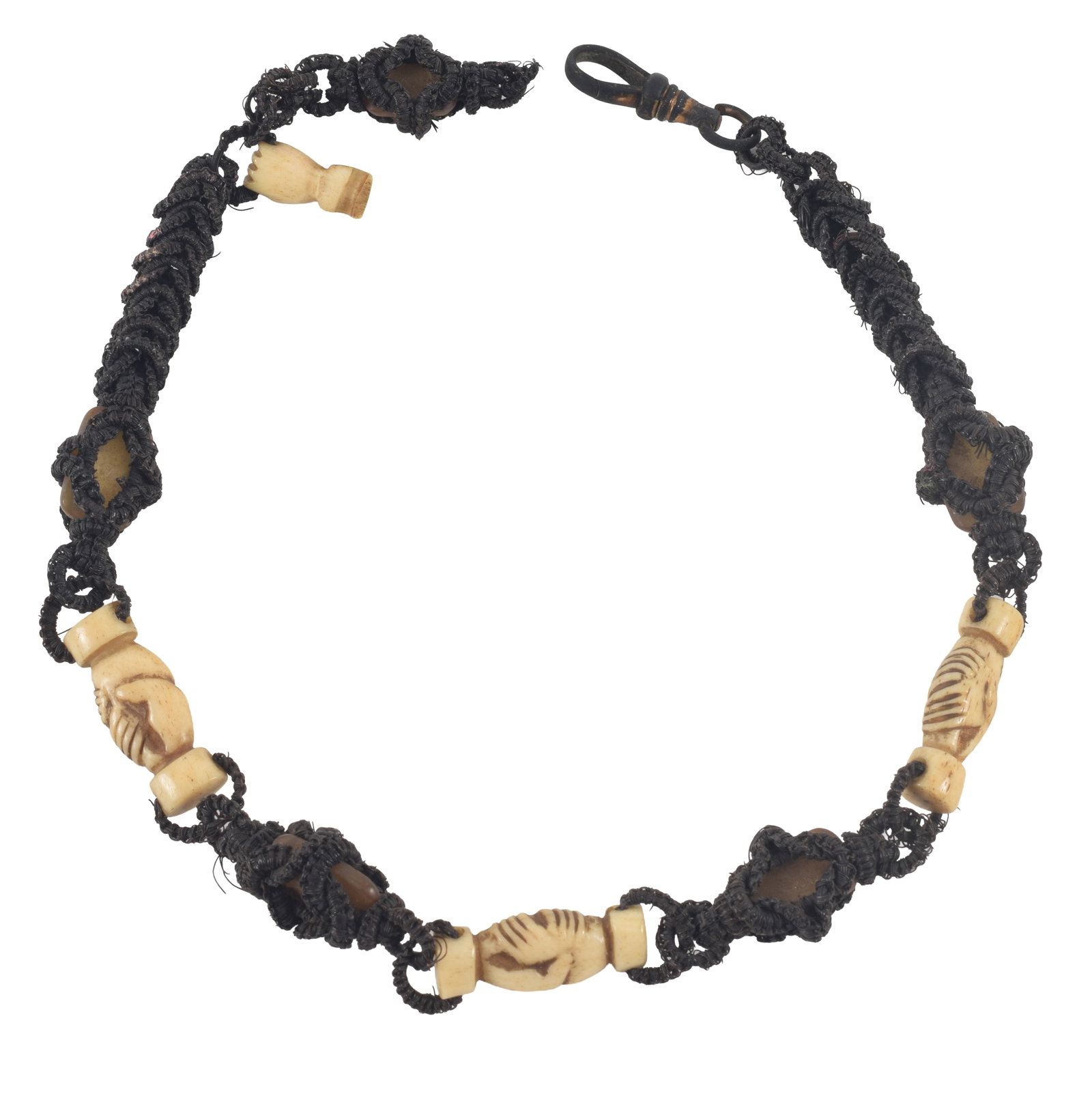 19th century Odd Fellows folk art watch chain. Carved bone symbols of shaking hands on a black woven (1 of 4)