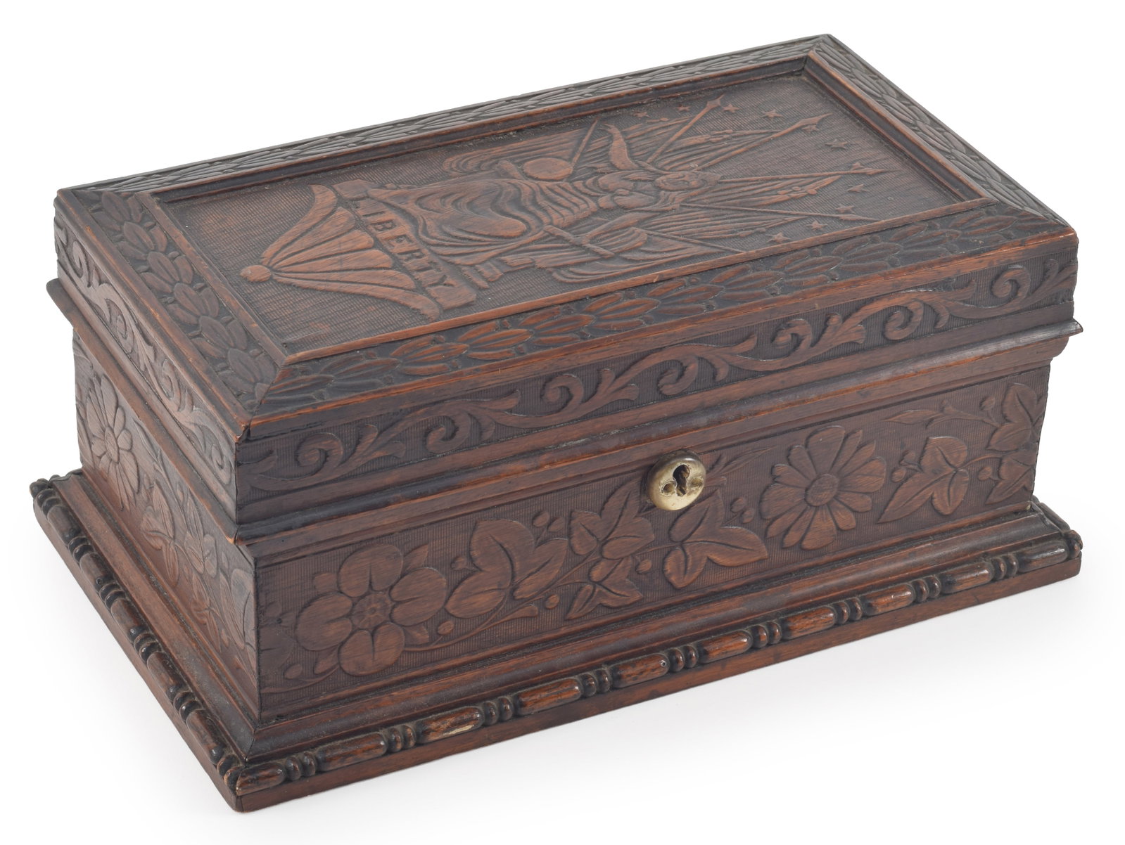 19th century "Liberty" patriotic carved folk art jewelry cask. Top carved with an elaborate (1 of 5)