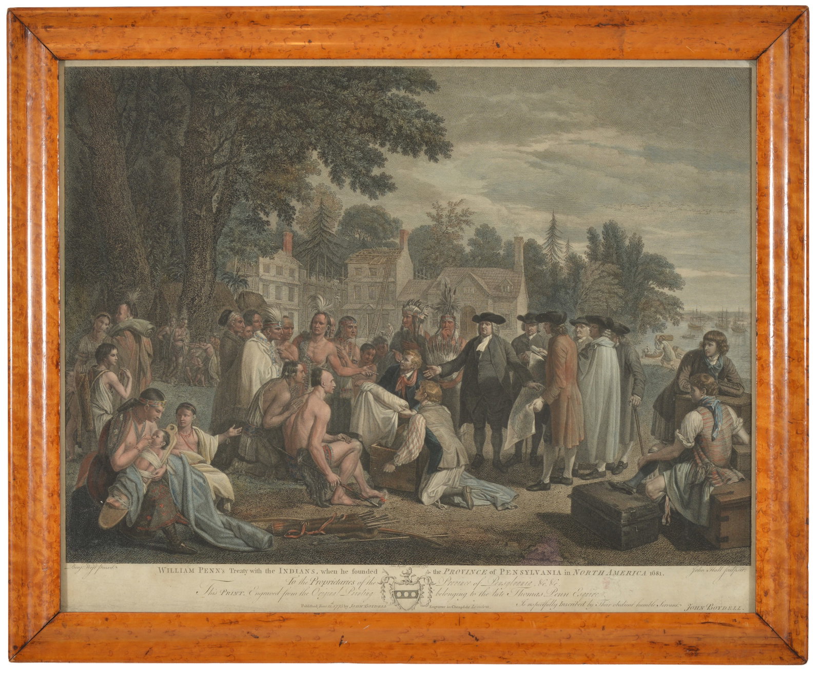 A rare historical colored engraving, "William Penn's Treaty with the Indians when he founded the: A rare historical colored engraving, "William Penn's Treaty with the Indians when he founded the Province of Pennsylvania in North America". Engraved by John Hall and published by John Boydell, London
