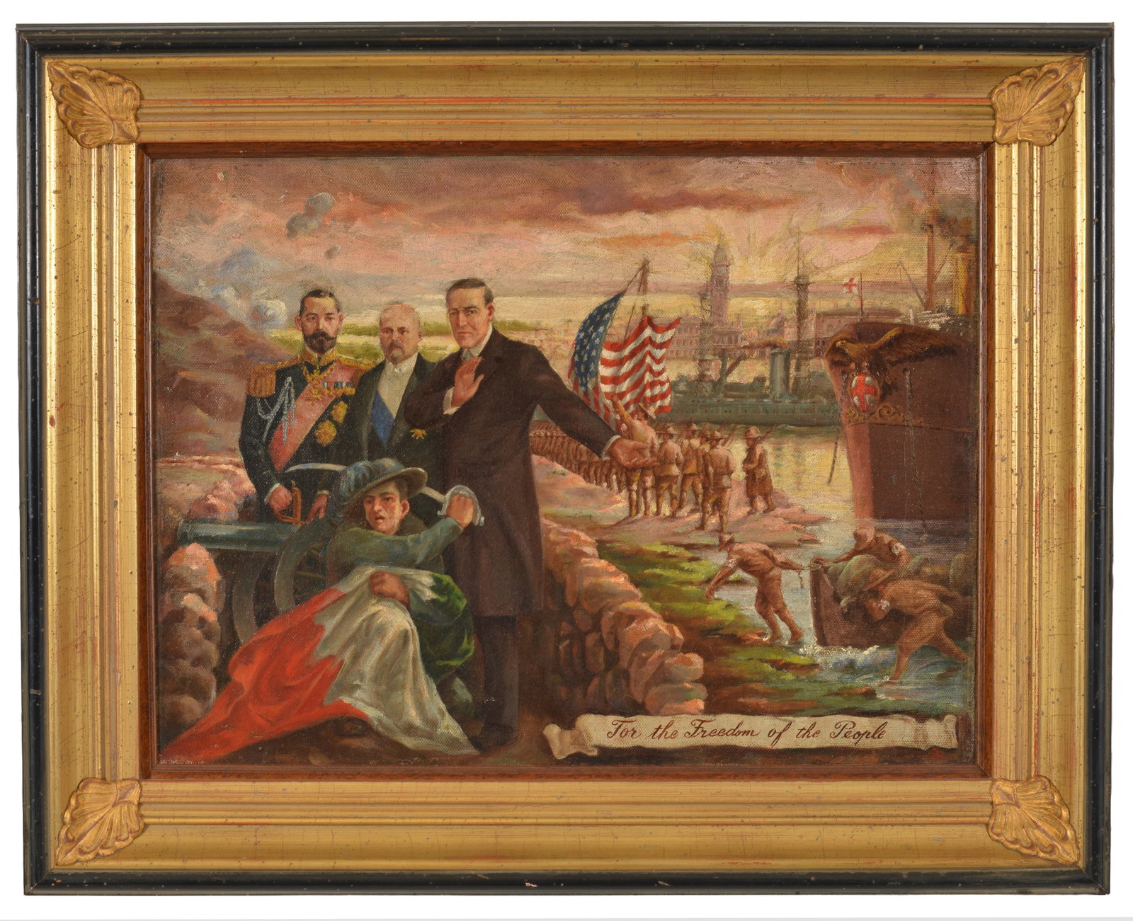 World War I Propaganda Illustration oil on canvas painting titled "For the Freedom of the People".: World War I Propaganda Illustration oil on canvas painting titled "For the Freedom of the People". Depicts allied leaders President Woodrow Wilson, Tsar Nicholas, French Prime Minister George Clemence