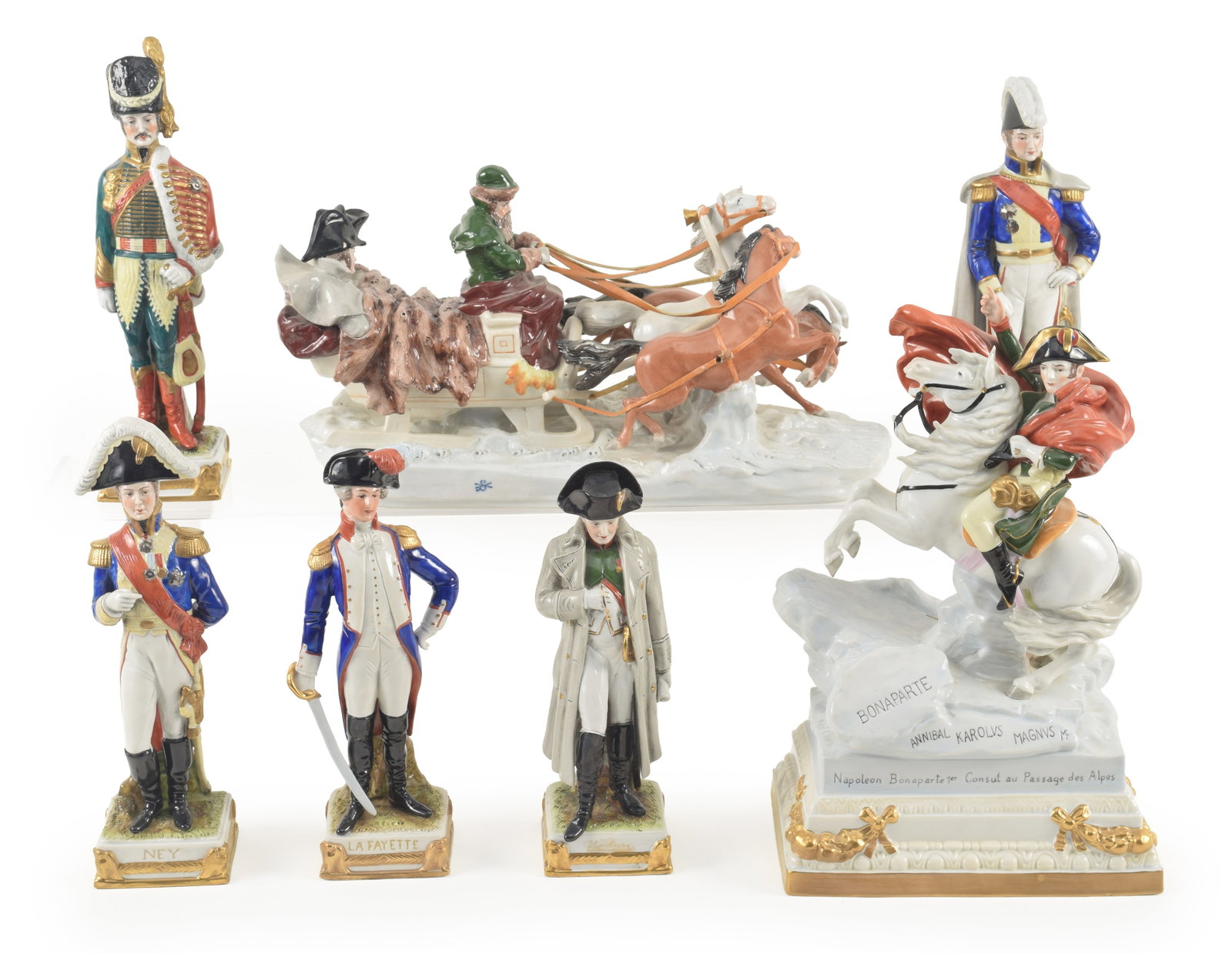 Scheibe-Alsbach porcelain figures of Napoleonic officers, including Napoleon Bonaparte. Marked. (1 of 9)