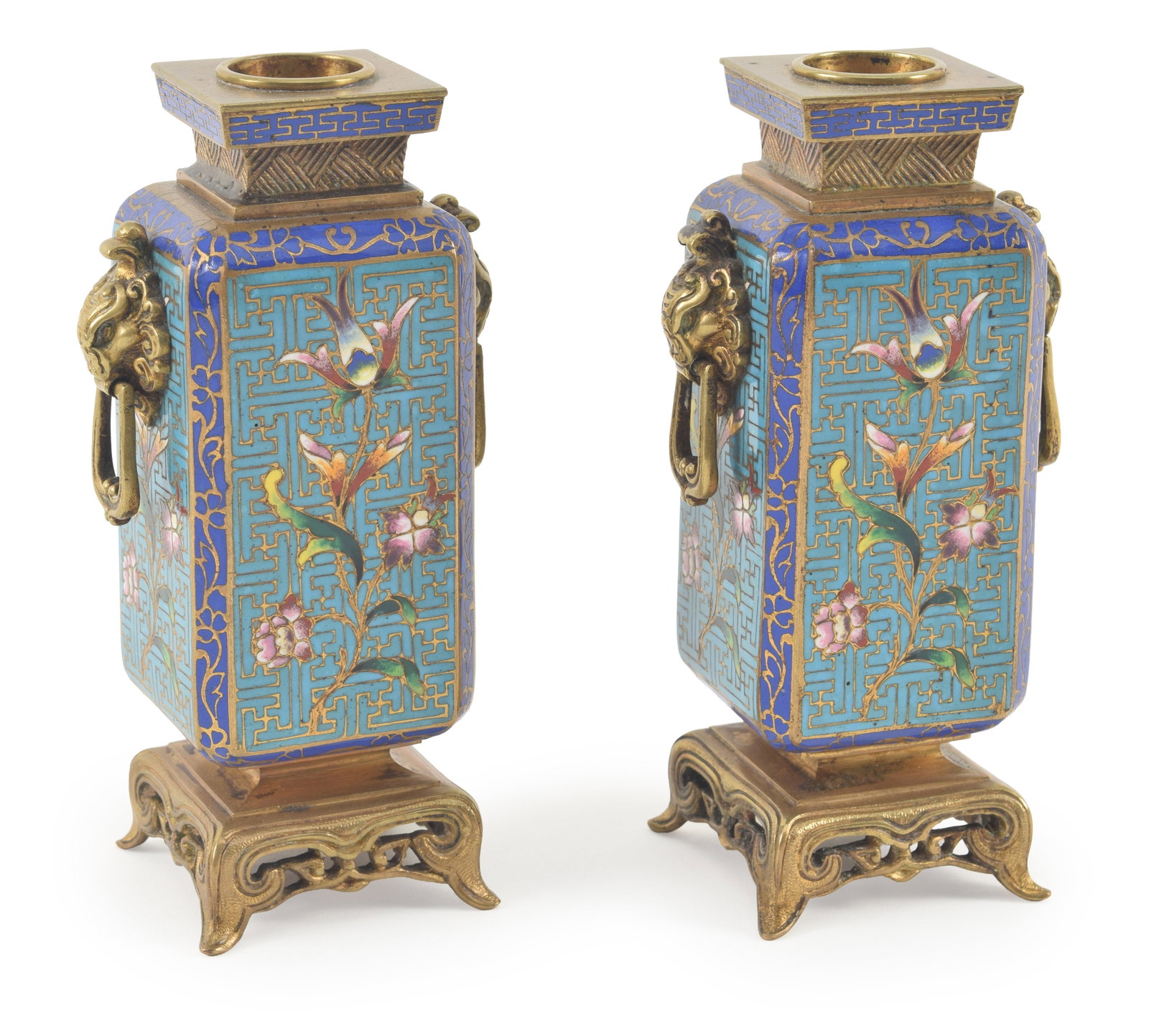 Pair of French champleve handled bronze urns. Turquoise colored panels with floral motifs. Animal (1 of 7)