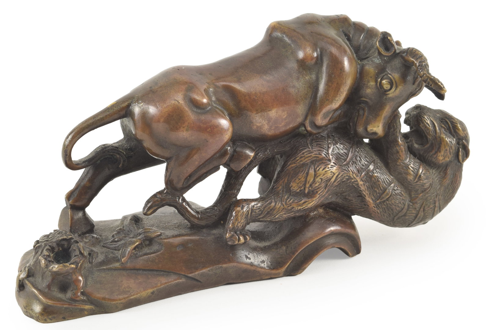 Bronze sculpture of a bull goring a tiger. Unmarked. Traces of red lacquer. 6.75in length. (1 of 6)