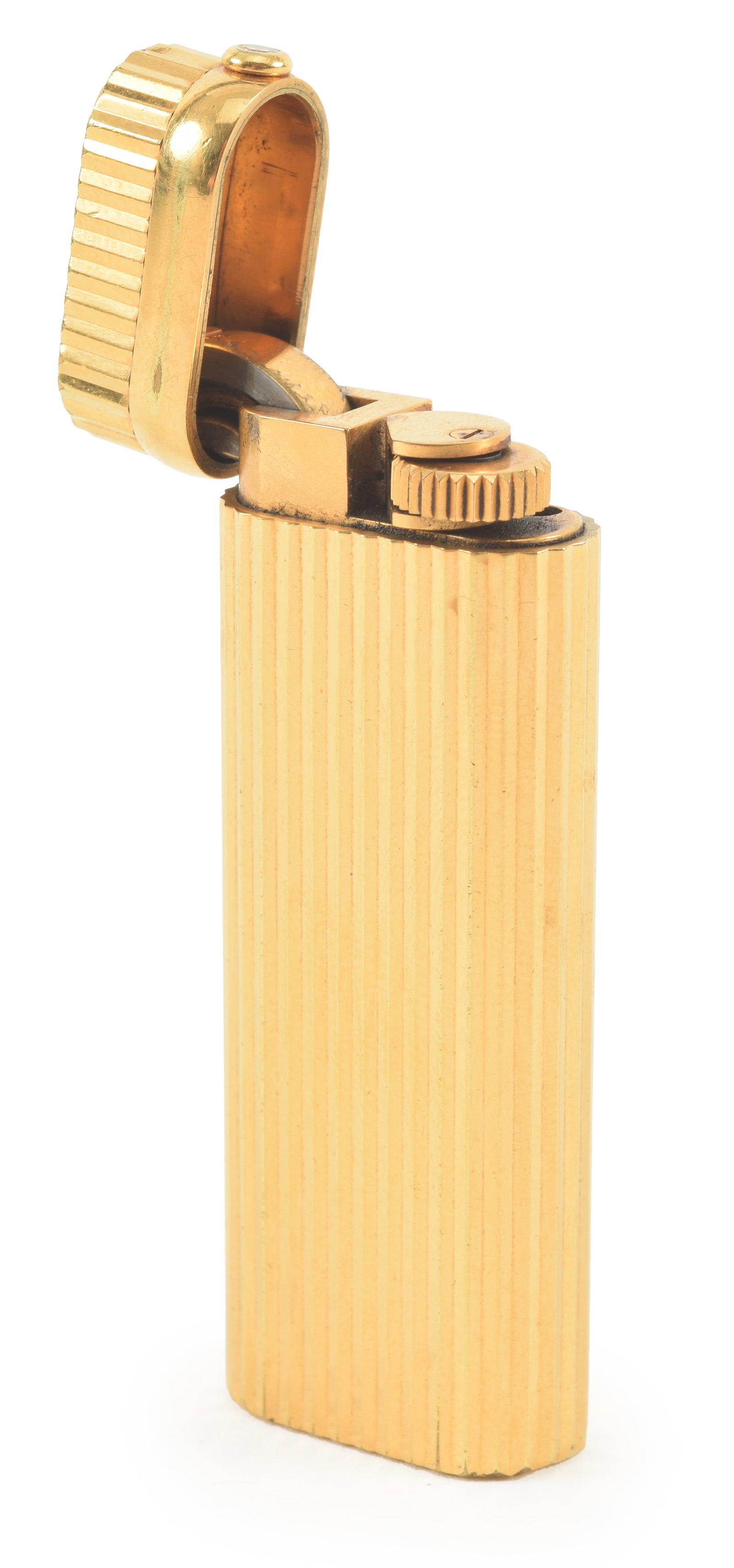 Cartier diamond set gold plated lighter. Switzerland, ca. 1970s/80s. Vertical fluted design on case. (1 of 3)
