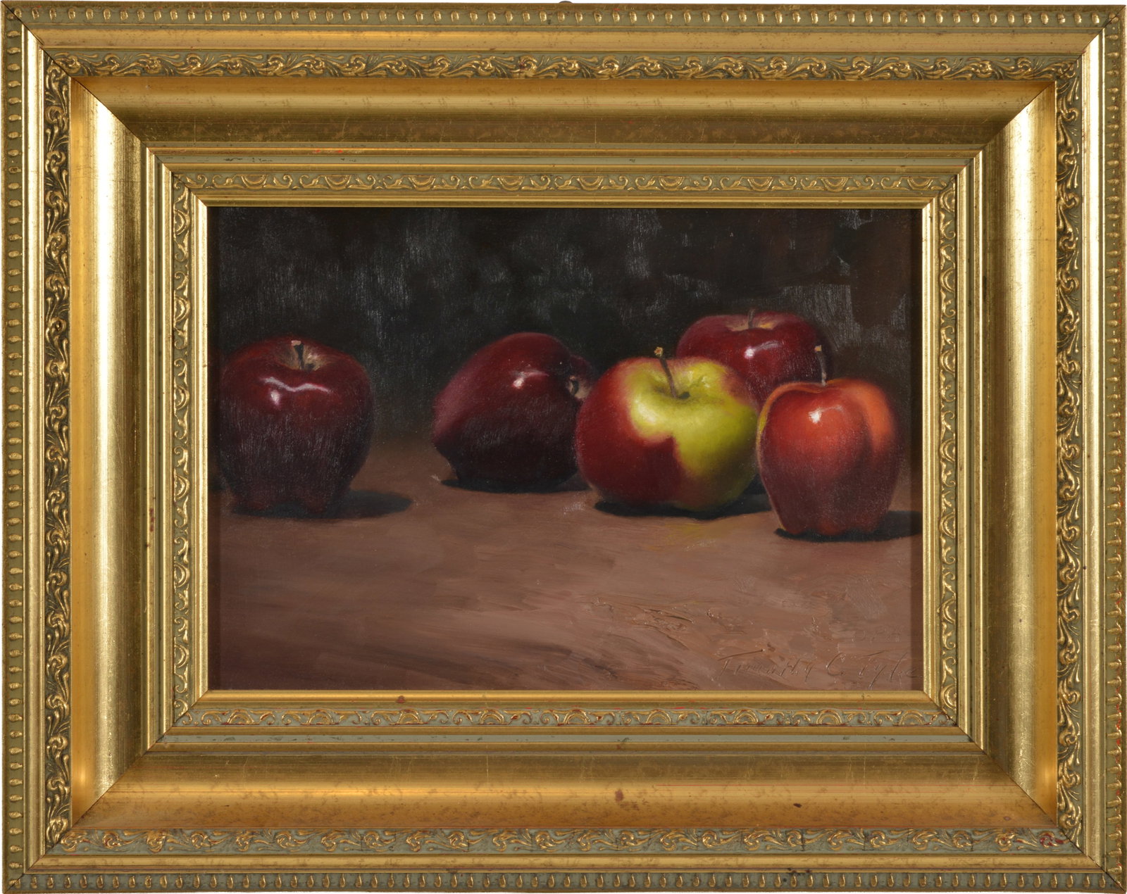 Timothy Carroll Tyler, contemporary. Still life with apples. Titled on reverse, Les Pommes Pourpre.: Timothy Carroll Tyler, contemporary. Still life with apples. Titled on reverse, Les Pommes Pourpre. Oil on panel. Signed lower right. Framed. Image size 8 x 11.75 in, overall size 13.75 x 17.25 in.