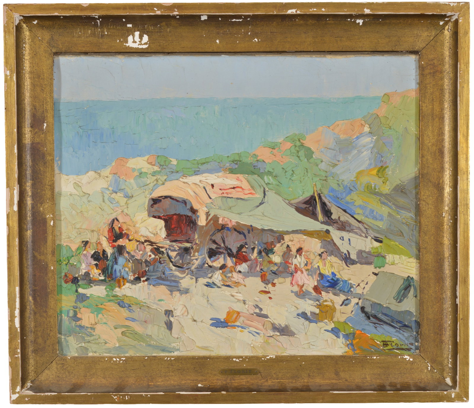 Francois Florit. Sea side view of an encampment landscape. Heavy impasto on canvas. Sign lower (1 of 11)