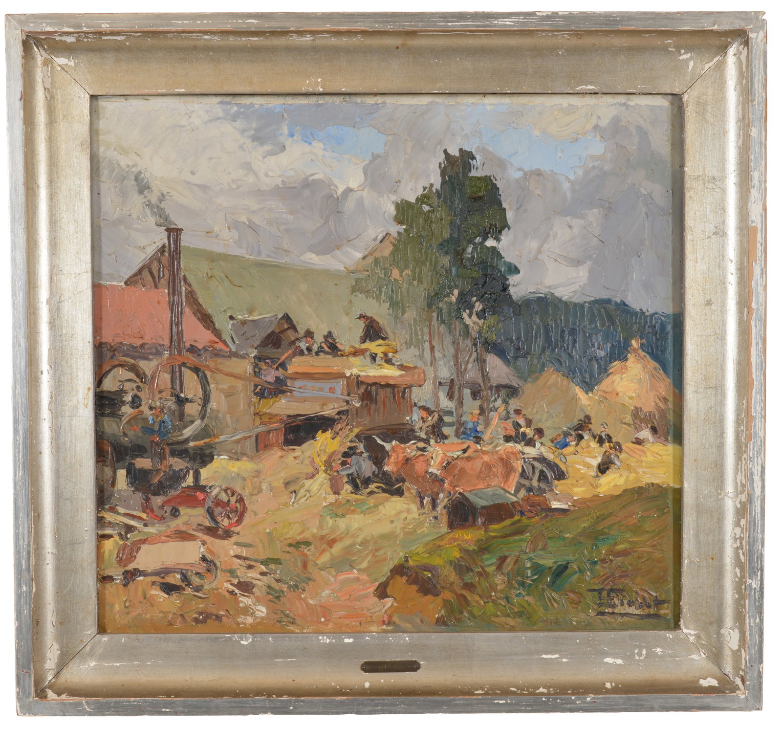 Francois Florit. Farming scene titled on reverse "La Batteuse", The Threshing Machine. Heavy impasto (1 of 12)