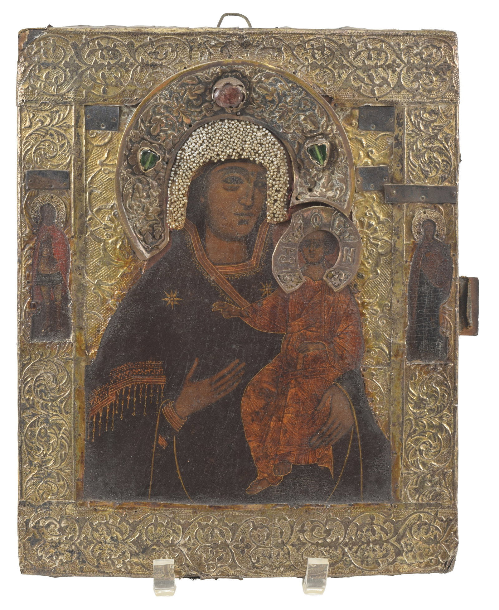 19th century Russian Orthodox gilt metal icon of the Madonna and child, with standing saints. (1 of 5)