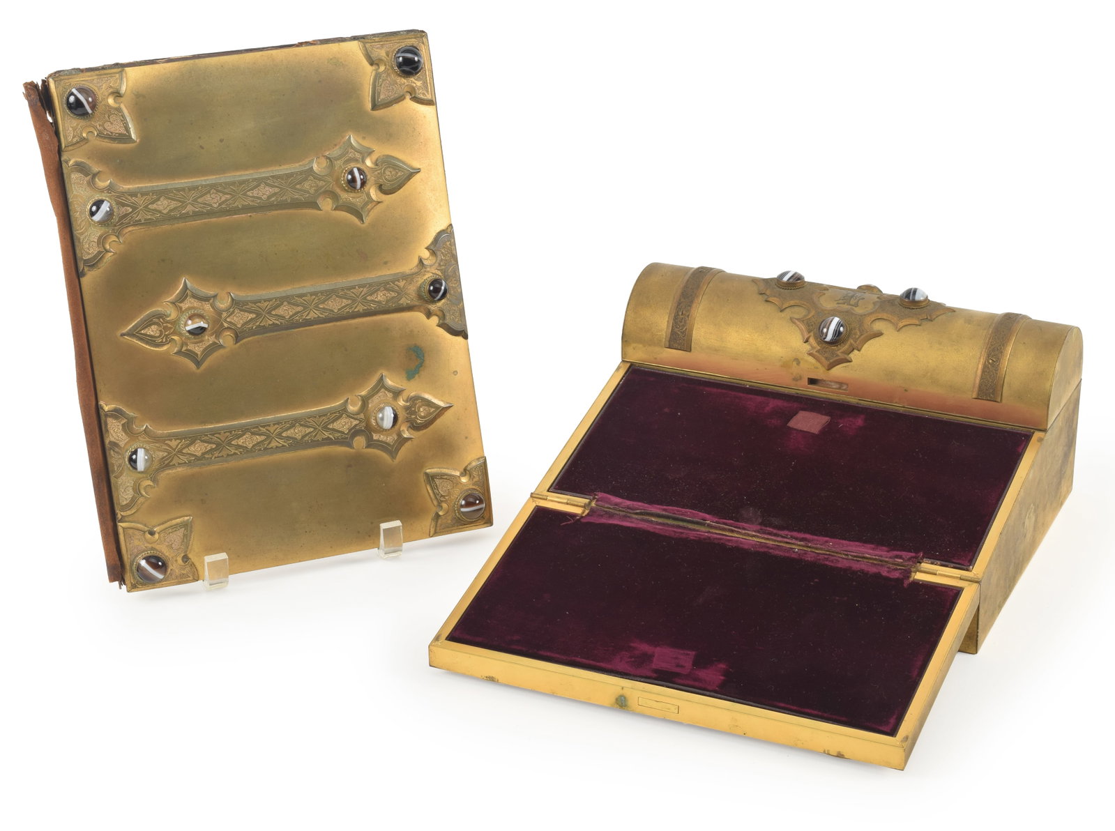 [2] Renaissance Revival jeweled dore desk items, circa 1875. Including a neatly fitted lap desk with (1 of 5)