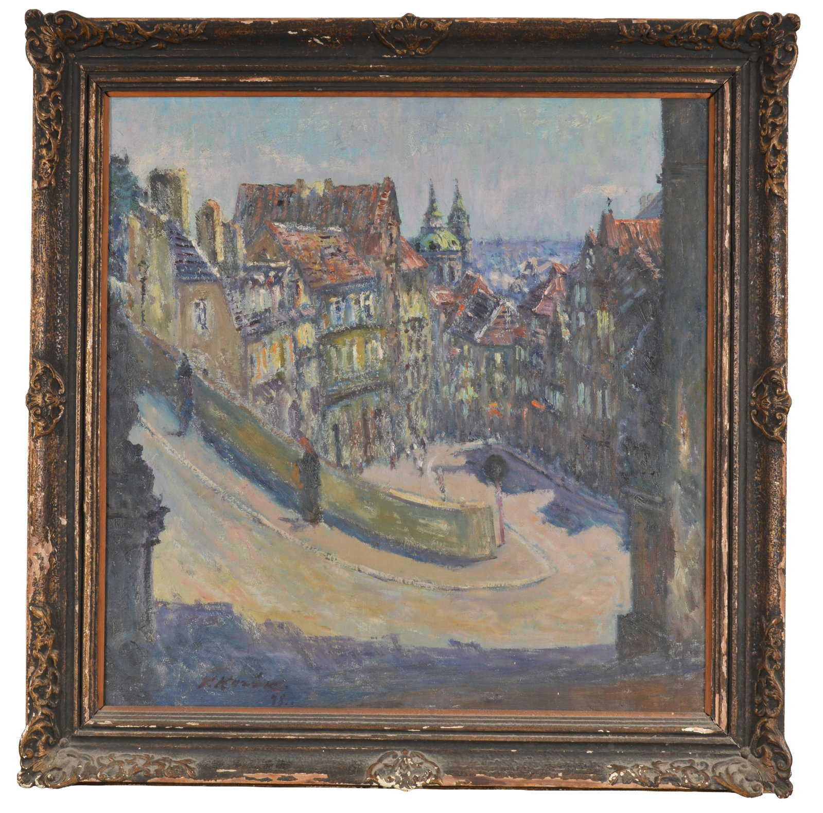 Impressionist Prague street scene painting, early/mid 20th century. Oil on canvas. Signed and dated: Impressionist Prague street scene painting, early/mid 20th century. Oil on canvas. Signed and dated illegibly lower left. Framed. Sight: 37.5 x 37in. Overall: 47.5 x 46.5in.