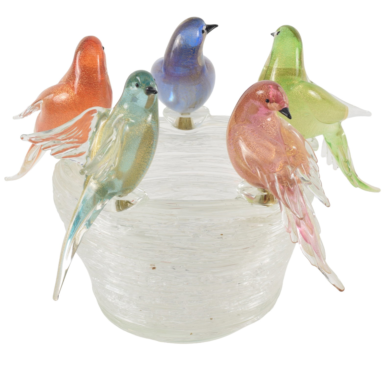 Elaborate Murano glass birds on a nest bowl with five modled doves in various colors with gold fleck: Elaborate Murano glass birds on a nest bowl with five modled doves in various colors with gold fleck decoration mounted on perches around the perimeter of a clear nest form vase. Height 9.5 in.