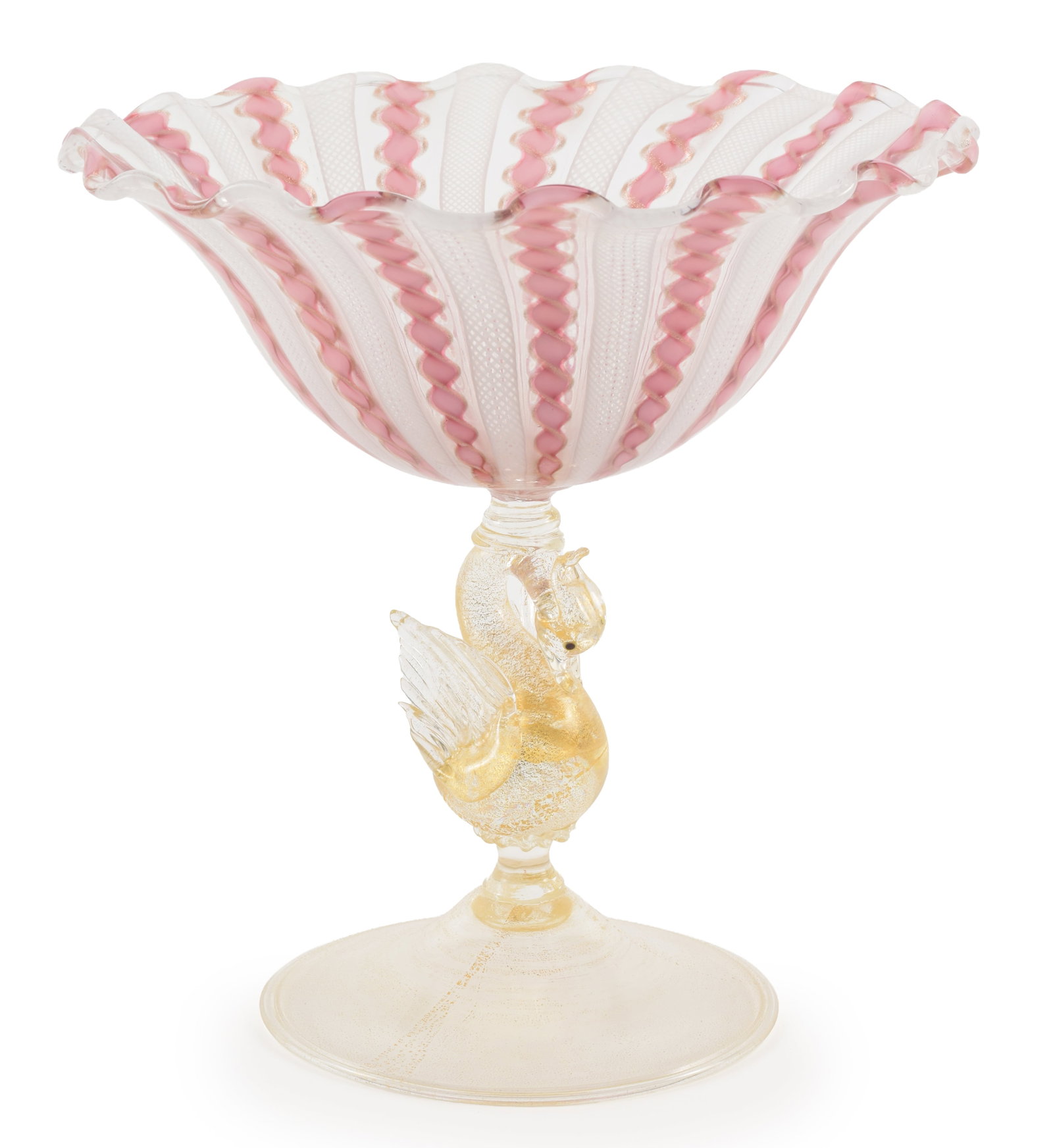 Murano glass compote, attributed to Salviati, with fluted latticino and red ribbon bowl and clear (1 of 5)