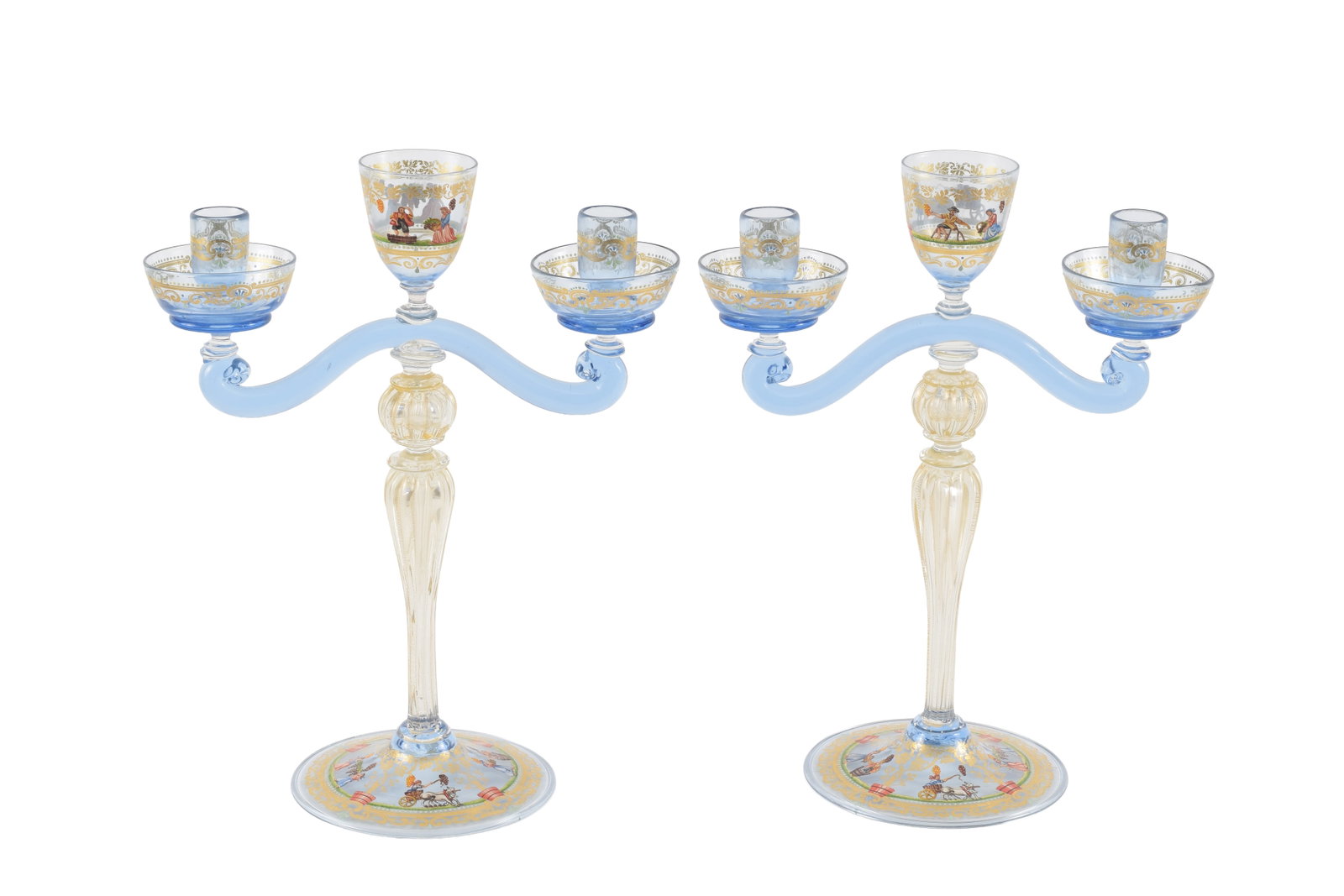 Pair of Salviati Venetian glass three arm candelabras with blue glass arms and hand-painted (1 of 12)