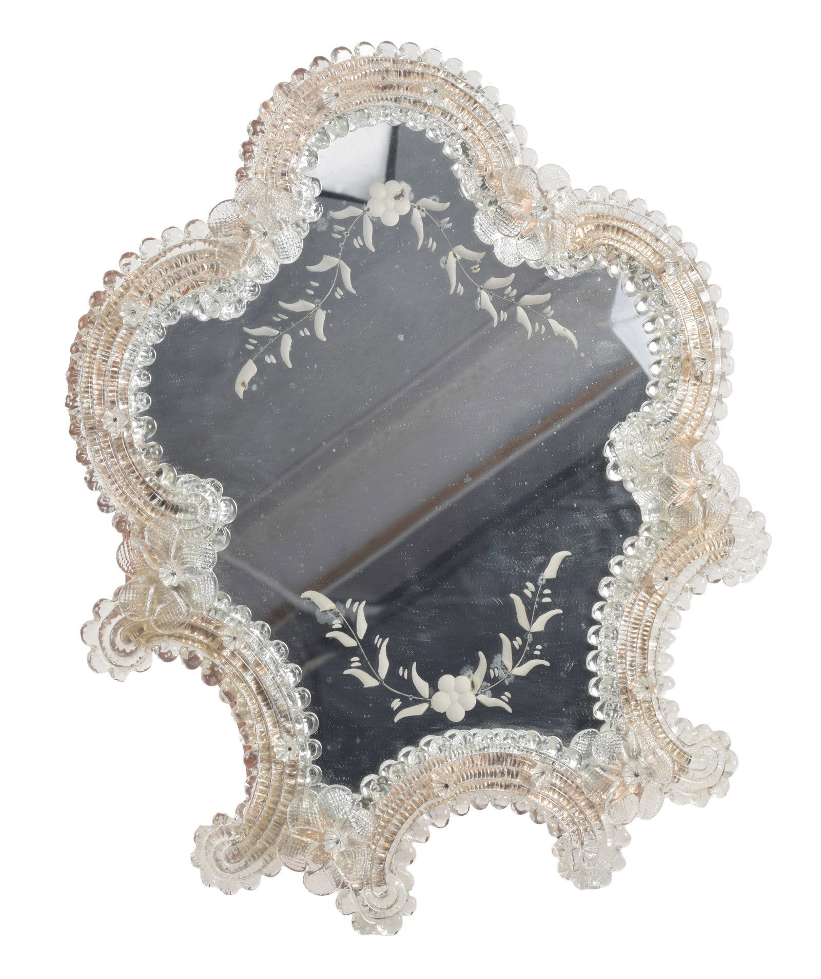 Vintage Venetian glass table mirror with scalloped clear glass frame and etched mirror glass. 15 x (1 of 3)