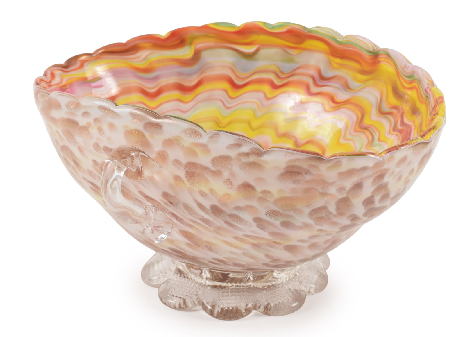 Vintage Murano glass tortoise swirl handled bowl with petal form base. Height 4 in, bowl 7.5 x 7.5 (1 of 6)