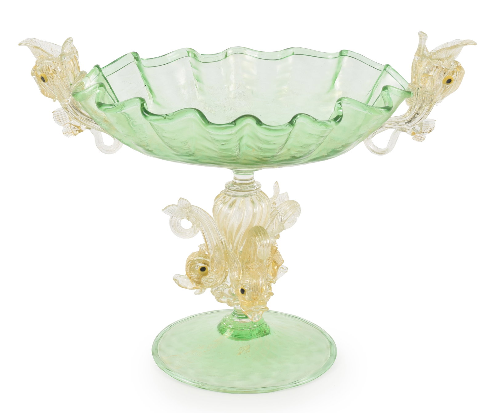 Salviati Venetian Murano glass center piece with green shelf form bowl and dolphin form handles. The (1 of 7)