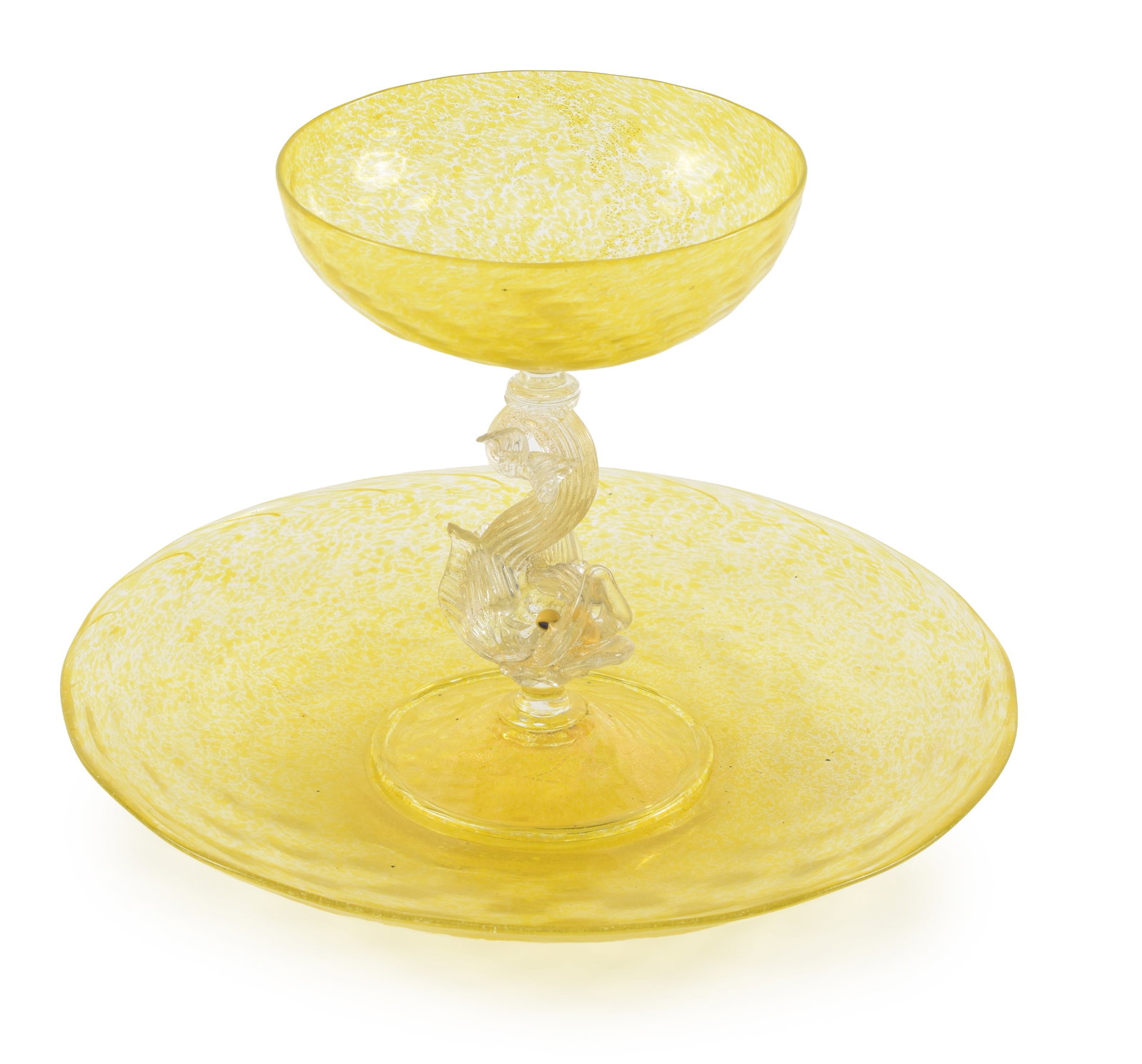Venetian glass stemware item attributed to Salviatii. A yellow cup and base with a clear dolphin (1 of 4)