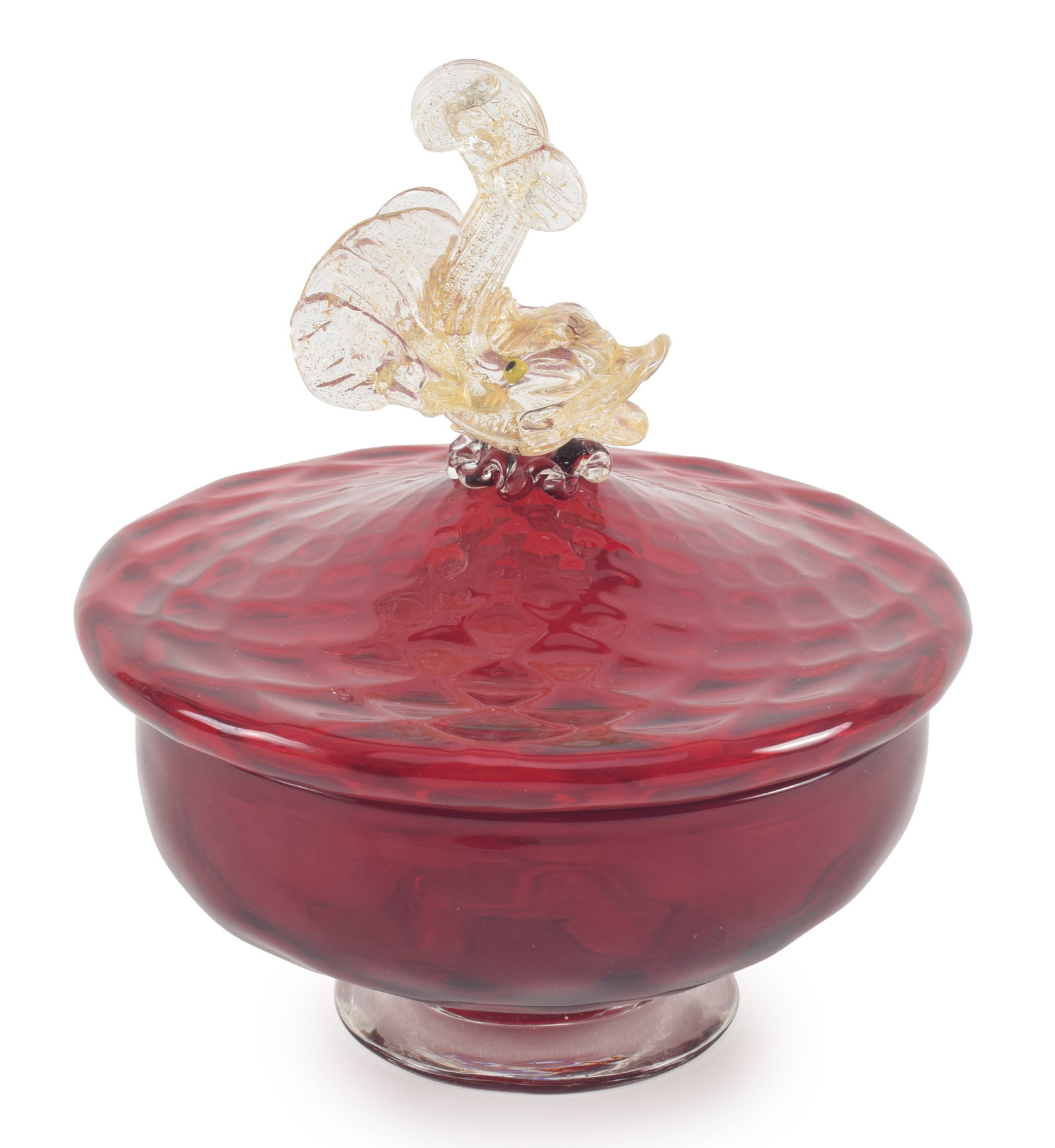 Vintage Murano cranberry glass candy dish with a dolphin form finial.. Height 7.25 in, width 6.25 (1 of 3)