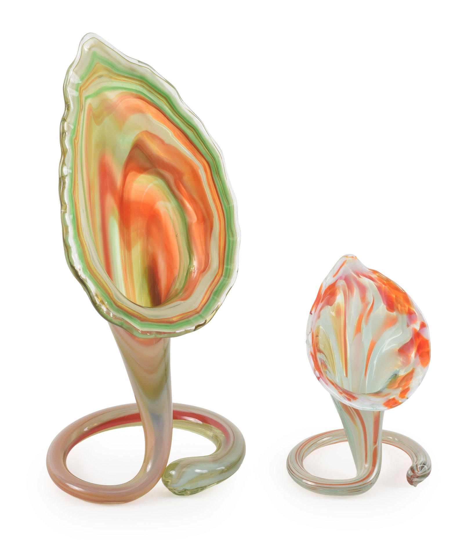 2 Murano glass "jack in the pulpit" vases with polychrome decoration. Heights 12.75 in and 6.5 in.: 2 Murano glass "jack in the pulpit" vases with polychrome decoration. Heights 12.75 in and 6.5 in.