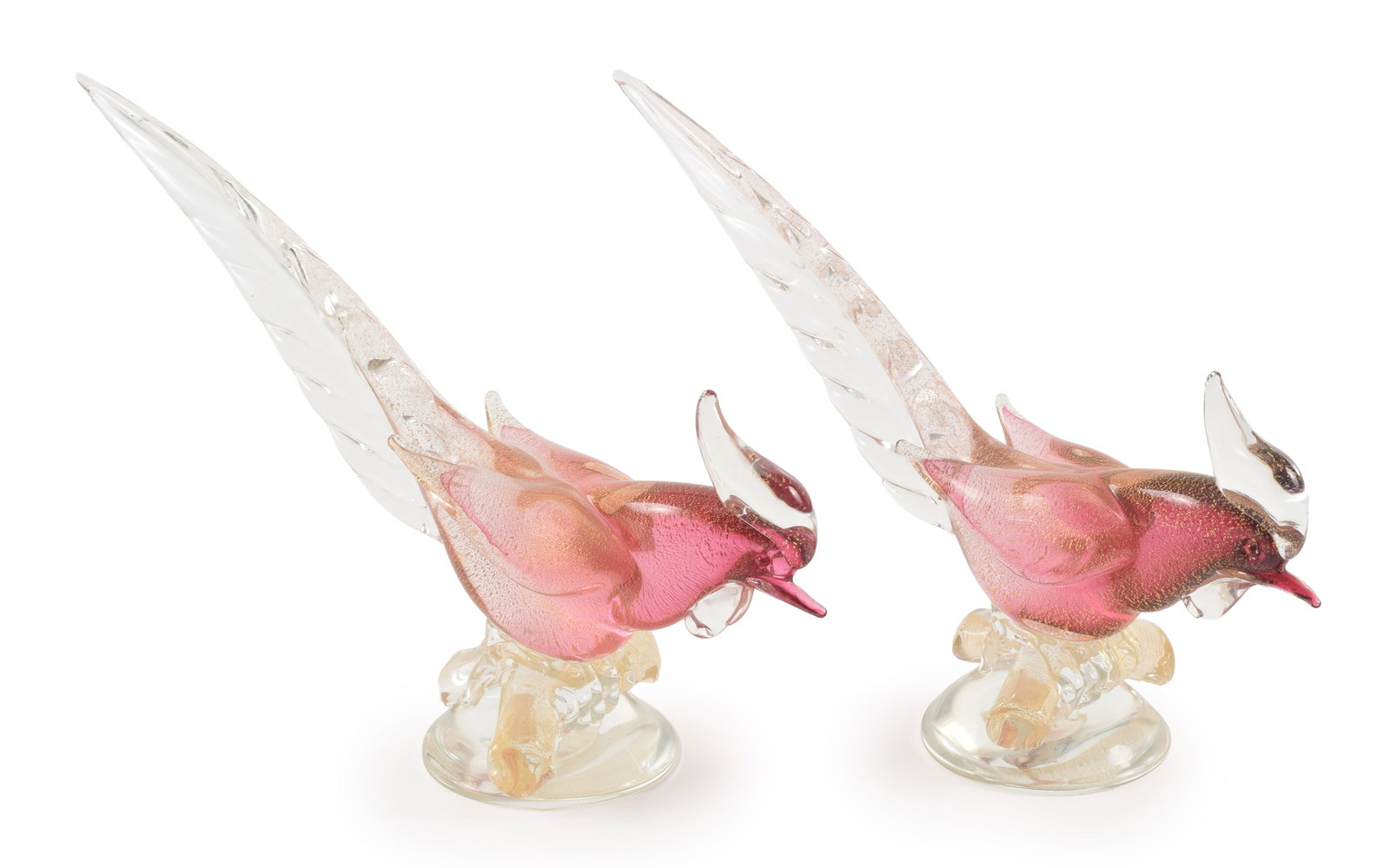 A pair of Vintage Murano glass birds with ruby bodies and gold shimmer decoration. Height 7.5 in,: A pair of Vintage Murano glass birds with ruby bodies and gold shimmer decoration. Height 7.5 in, width 10.75 in.
