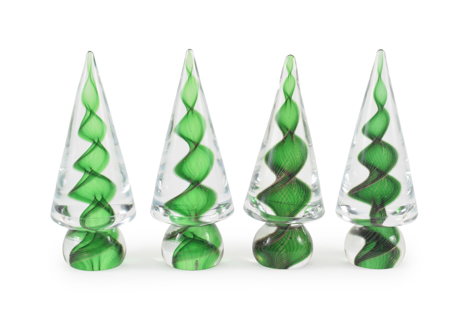 Set of 4 Murano glass Christmas trees with green and gold swirl designs. Height 8.5 in (1 of 6)