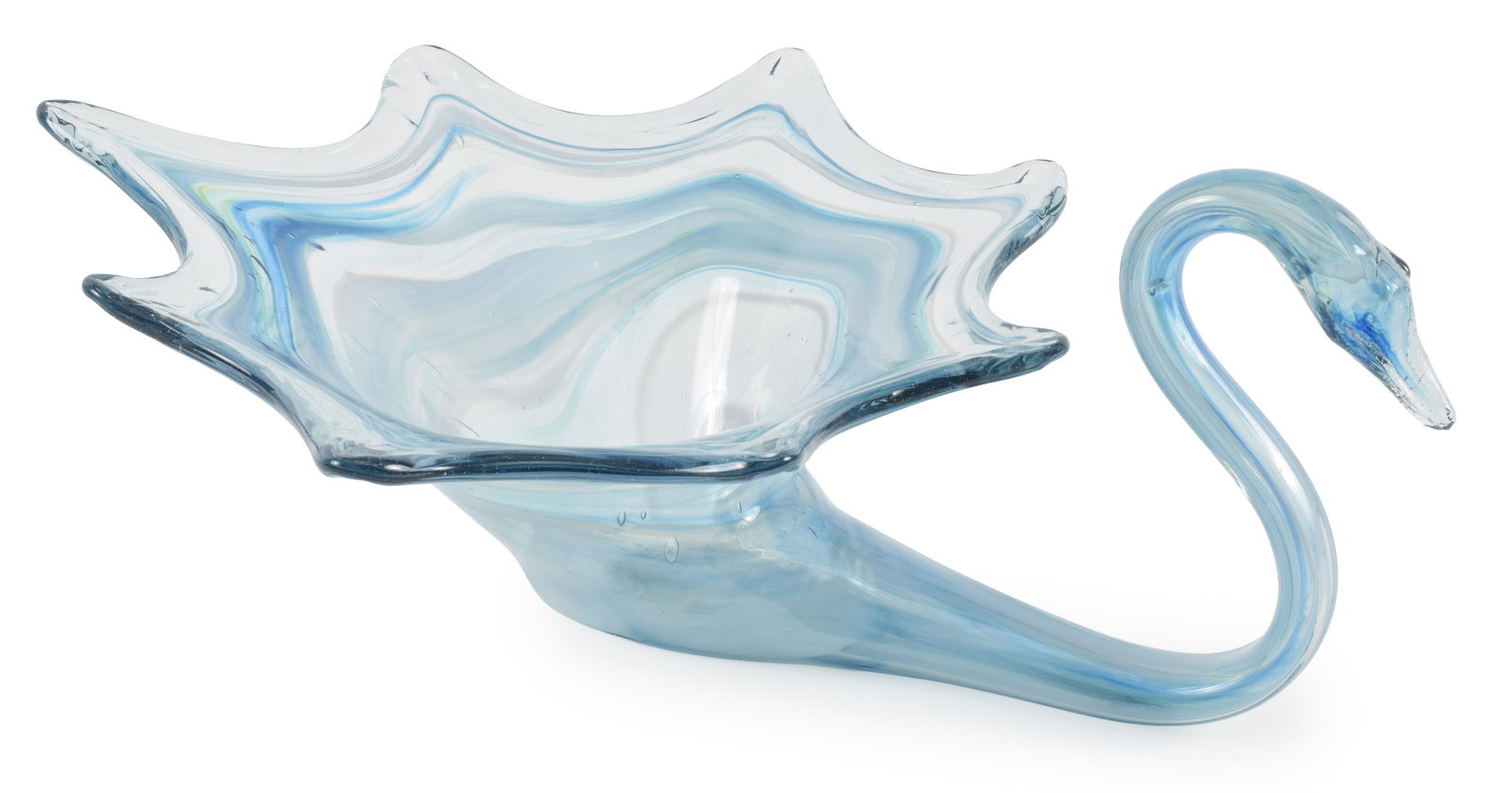 Vintage Murano style glass swan form bowl with blue swirl design. Height 7 in, bowl 17.75 in x 12.75: Vintage Murano style glass swan form bowl with blue swirl design. Height 7 in, bowl 17.75 in x 12.75 in.
