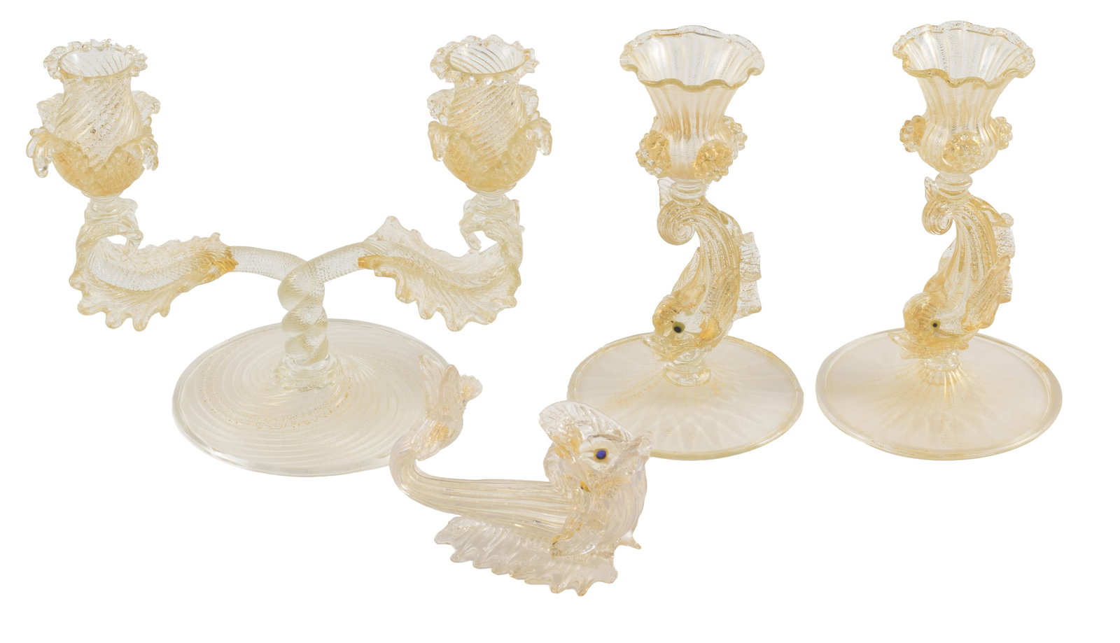 4 Venetian glass dolphin decorated items, including a two arm candelabra, a pair of candlesticks (1 of 6)