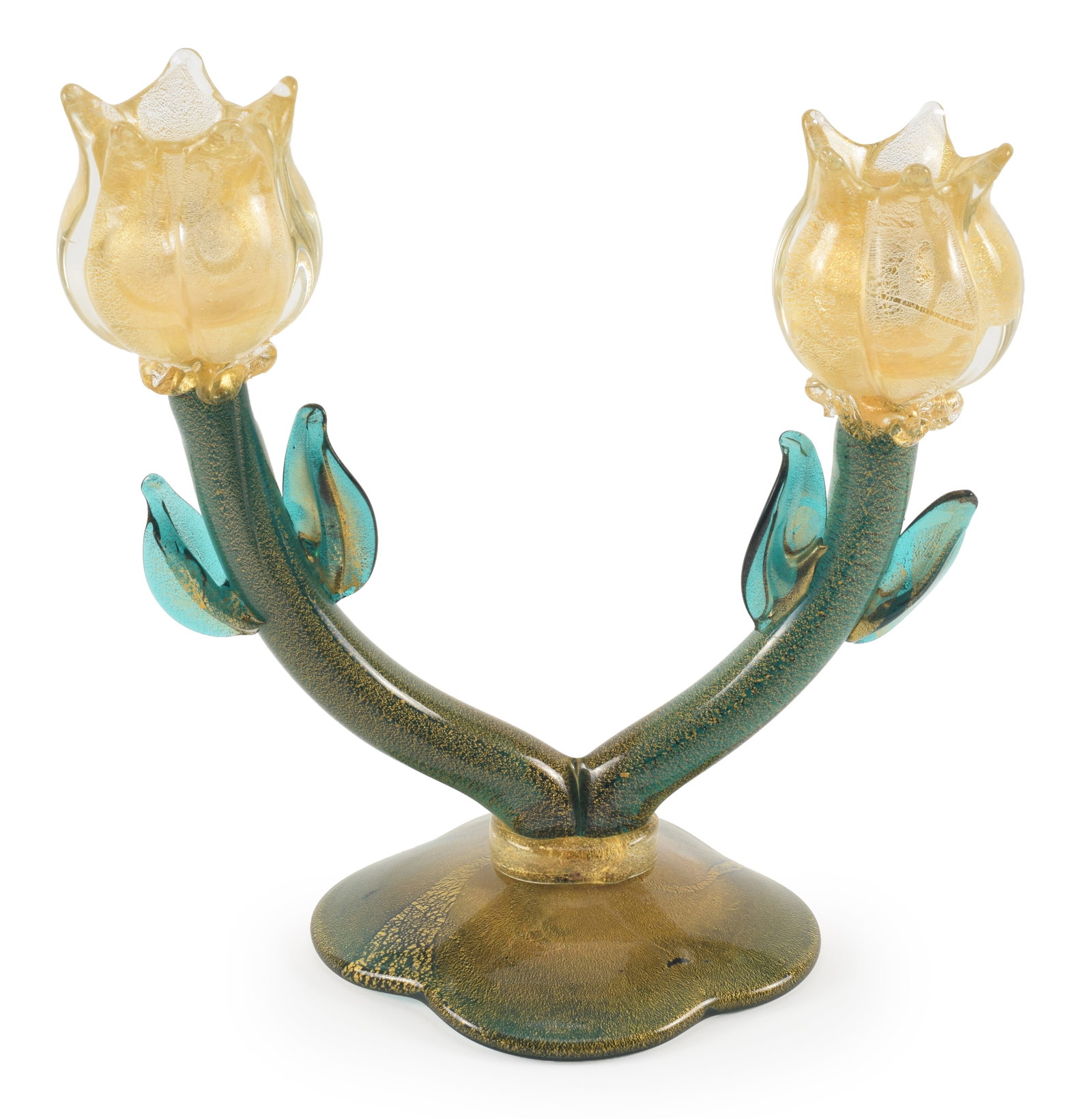 Vintage Murano glass tulip form two-arm candelabra with aqua and gilt decorated glass. Height 9.25 (1 of 6)