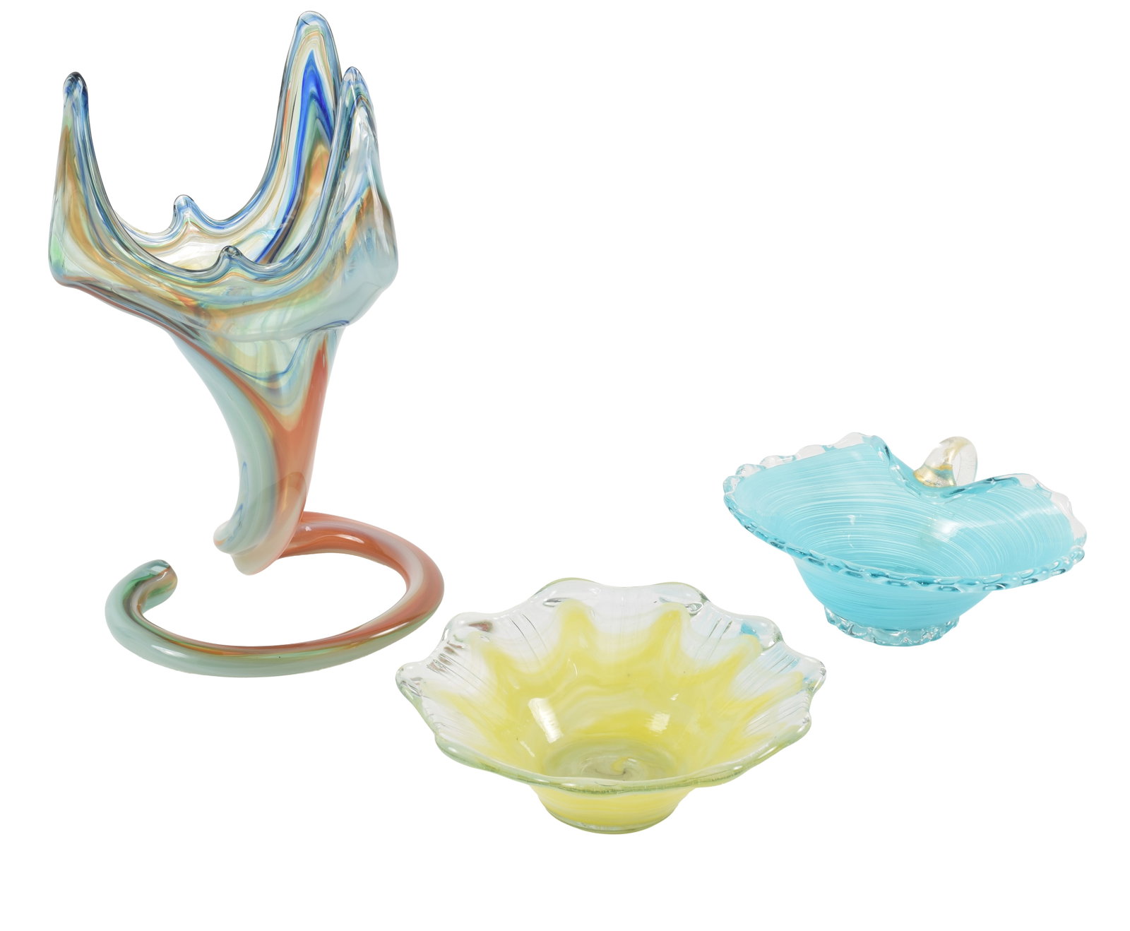 3 Murano glass items, including a ruffled edge bowl with yellow bowl, a teal glass finger bowl with: 3 Murano glass items, including a ruffled edge bowl with yellow bowl, a teal glass finger bowl with blue swirl and a vintage stretch glass vase with multi-colored design. Bowl diameters 7.5 & 8 in, va