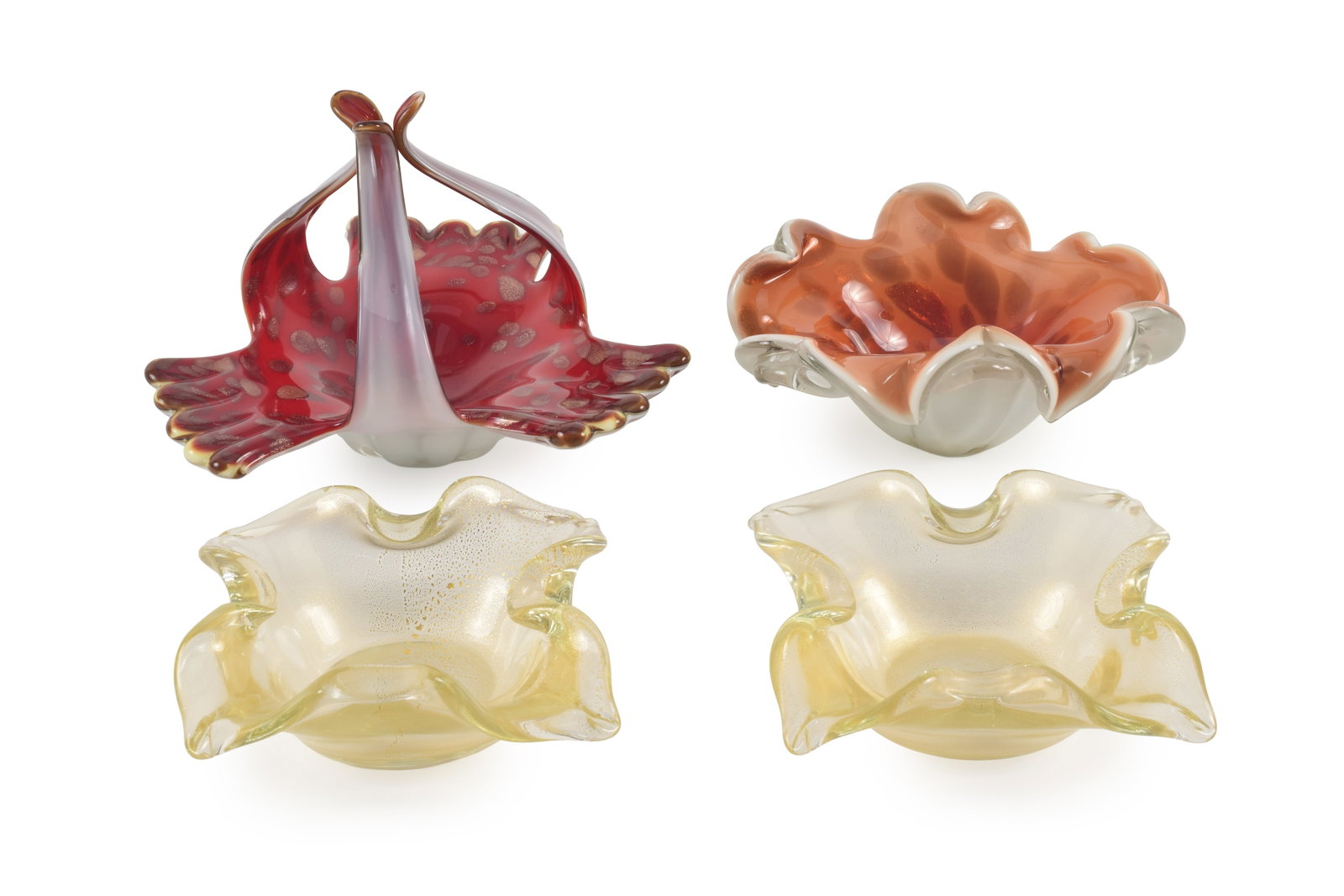 4 Murano glass items, including a pair of gold shimmer bowls with floral forms, a red and gilt (1 of 5)