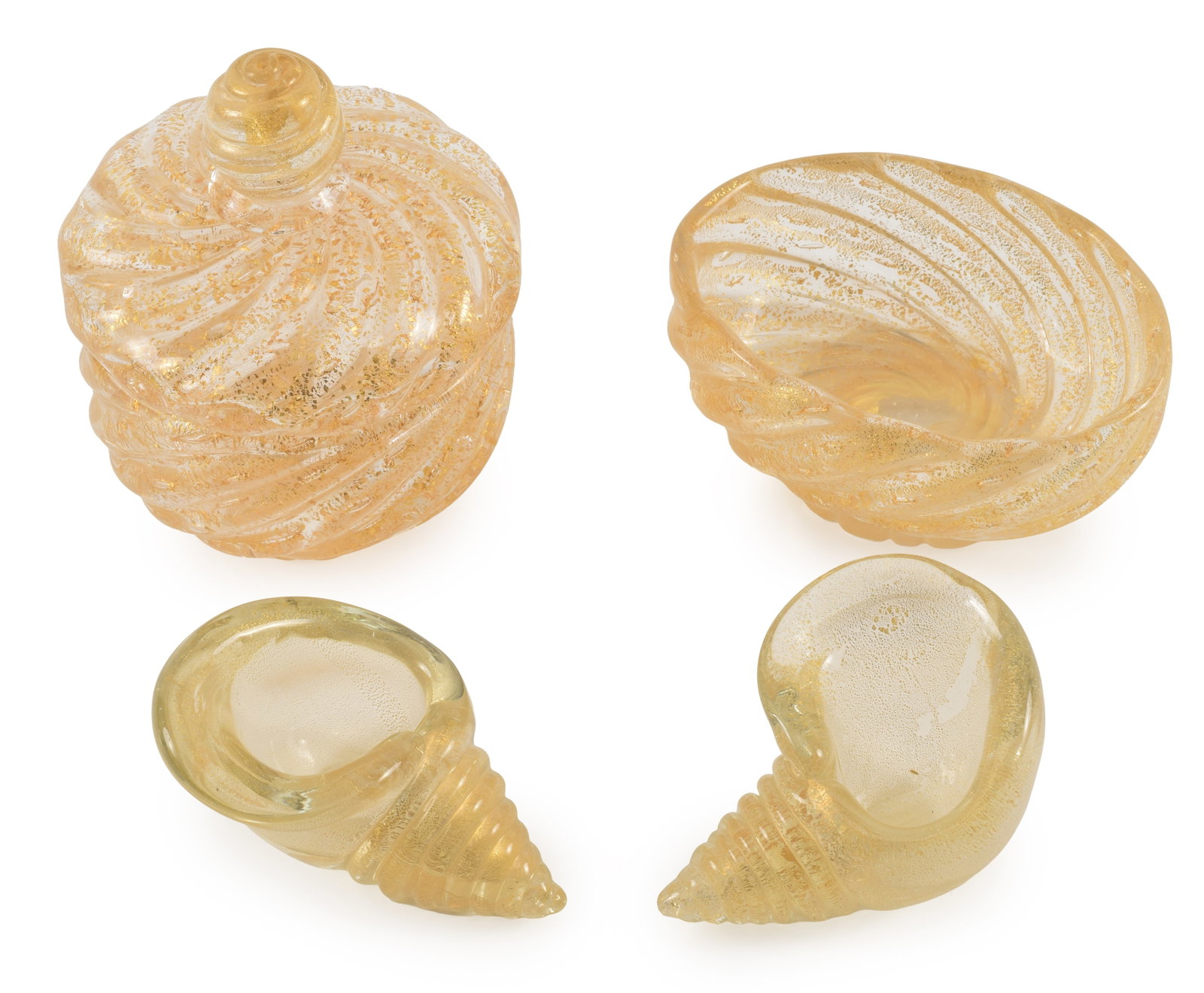 4 Murano glass gold fleck decorated items including a cover jar, a swirl form bowl and a pair of (1 of 5)