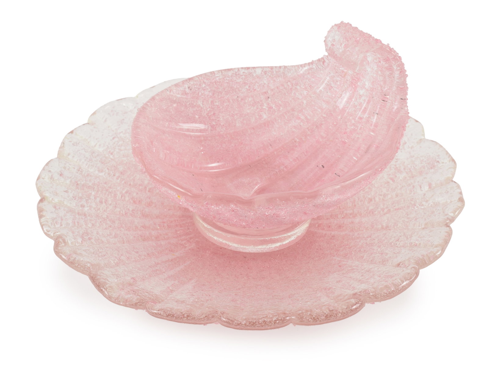 Fratelli Toso Murano pink over shot shell form bowl and plate. Bowl width 5.5 in, dish diameter 8.5 (1 of 4)