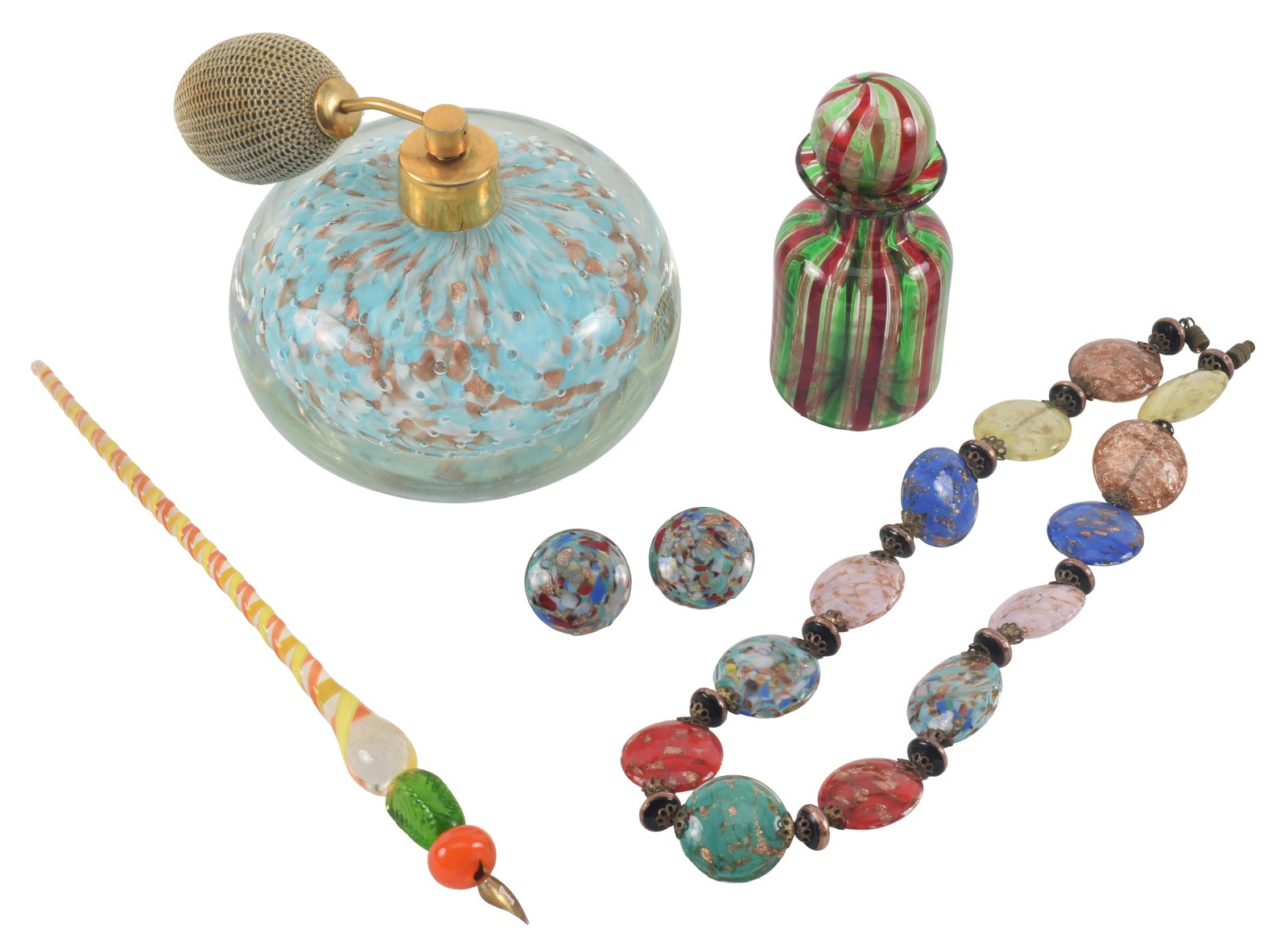 Collection of 4 Venetian glass accessories, including a ruby and emerald Murano scent bottle, a (1 of 5)