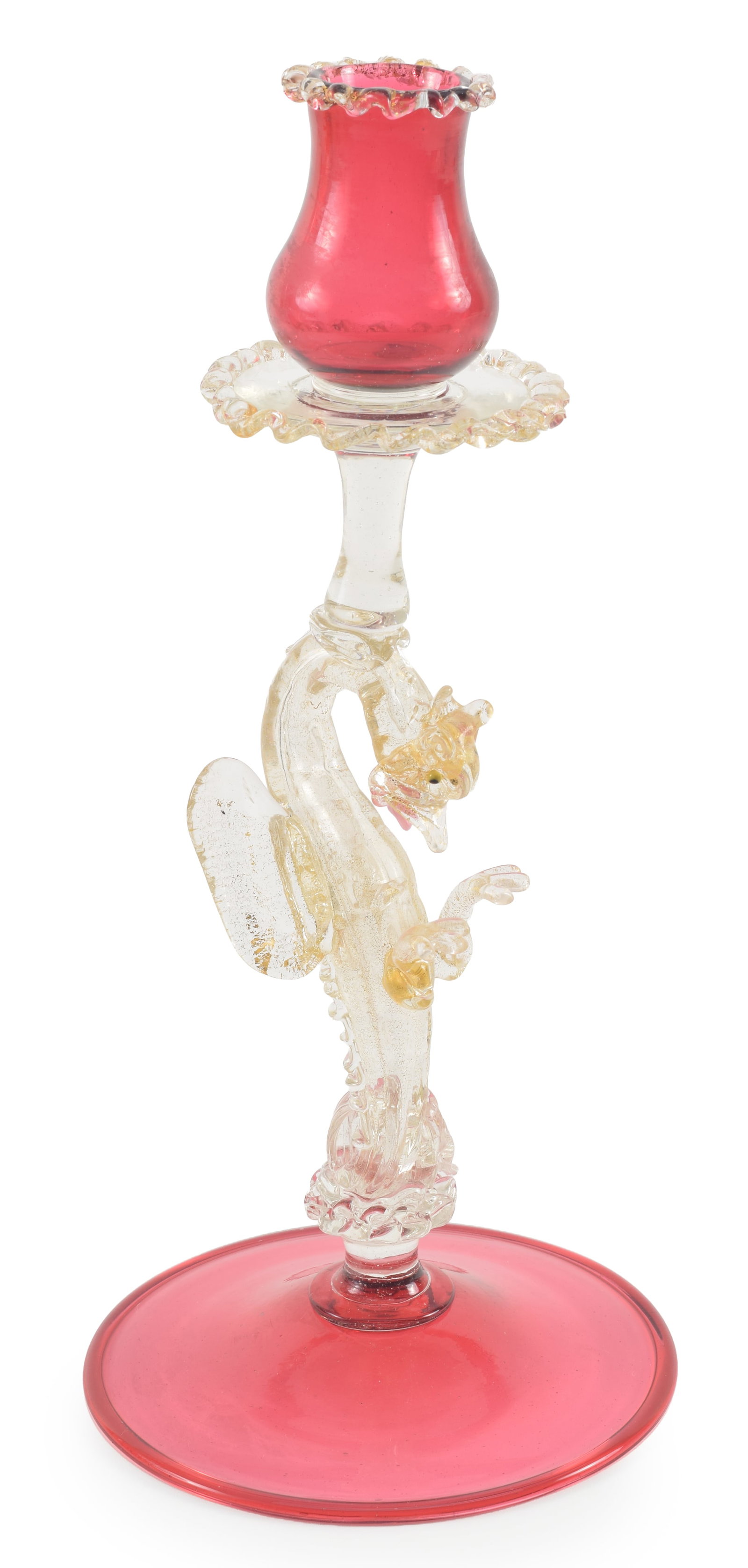 Murano glass dragon form candle holder with gilt highlighted clear glass and red candle cup and: Murano glass dragon form candle holder with gilt highlighted clear glass and red candle cup and base. Height 12.5 in.
