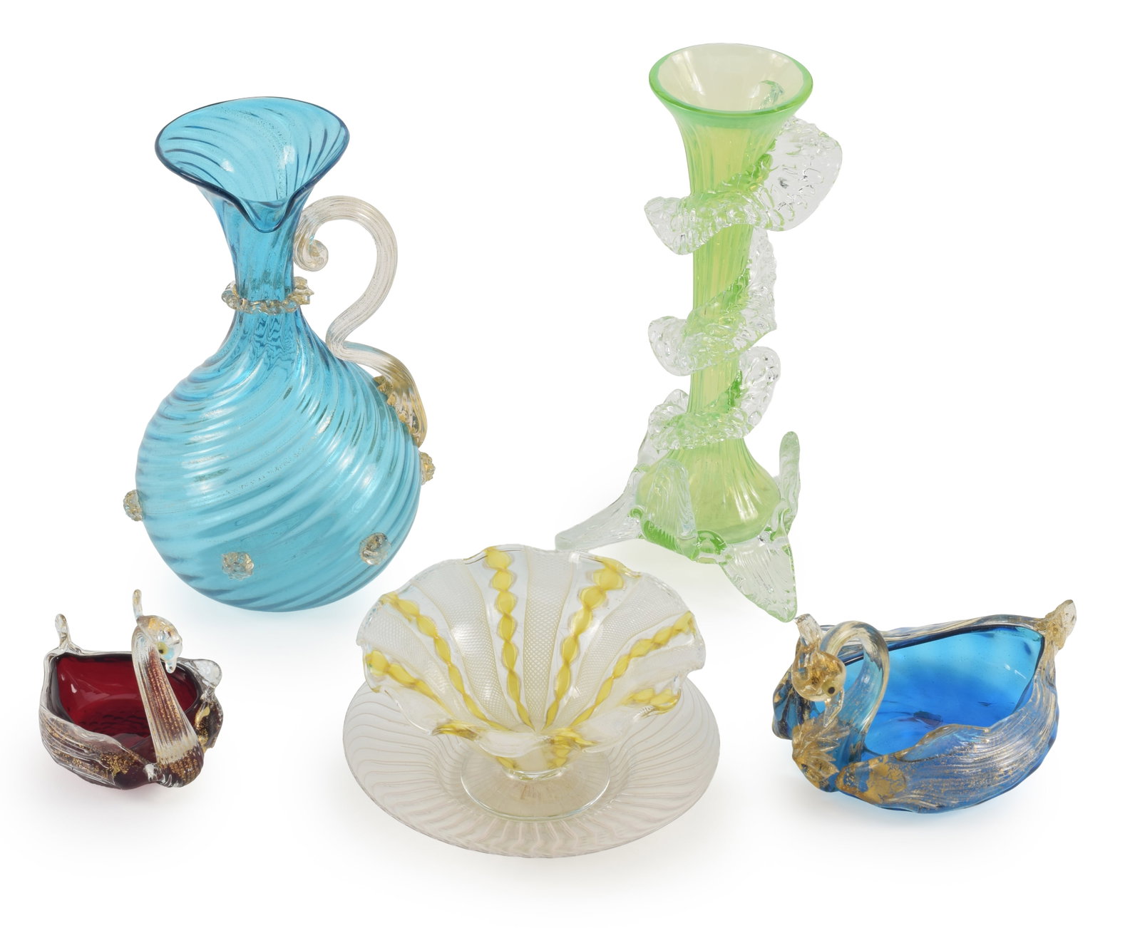 6 Venetian glass items, including a Murano blue swirl ewer, a latticino yellow gold bowl, a spiral (1 of 5)
