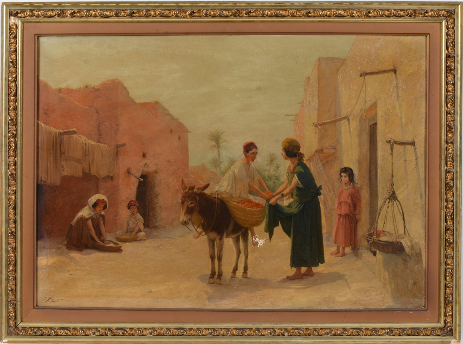 Jose Alsina, (1850 - 1925) Spanish. Orientalist view of village with boy selling fruit from donkey. (1 of 9)