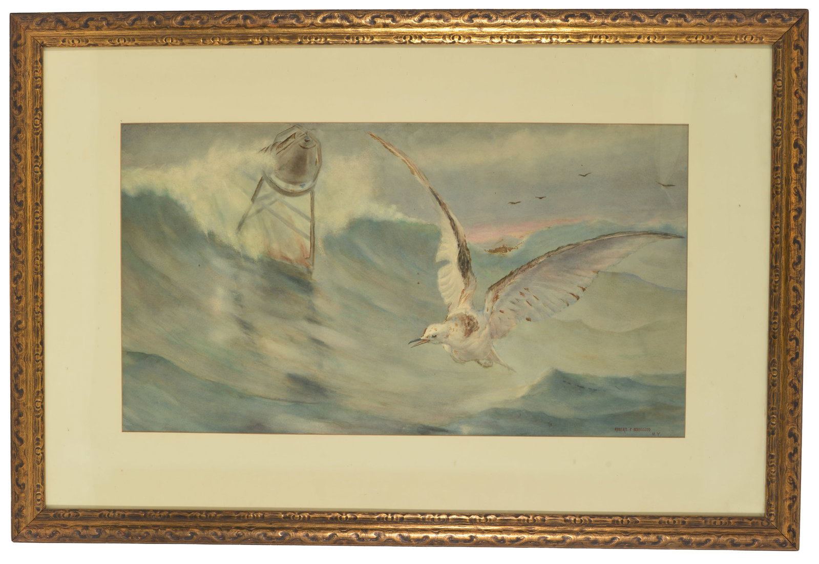 Robert F. Bloodgood 1847-1930, Founding member of Salmagundi Club. Seagull by buoy in rough seas. (1 of 6)
