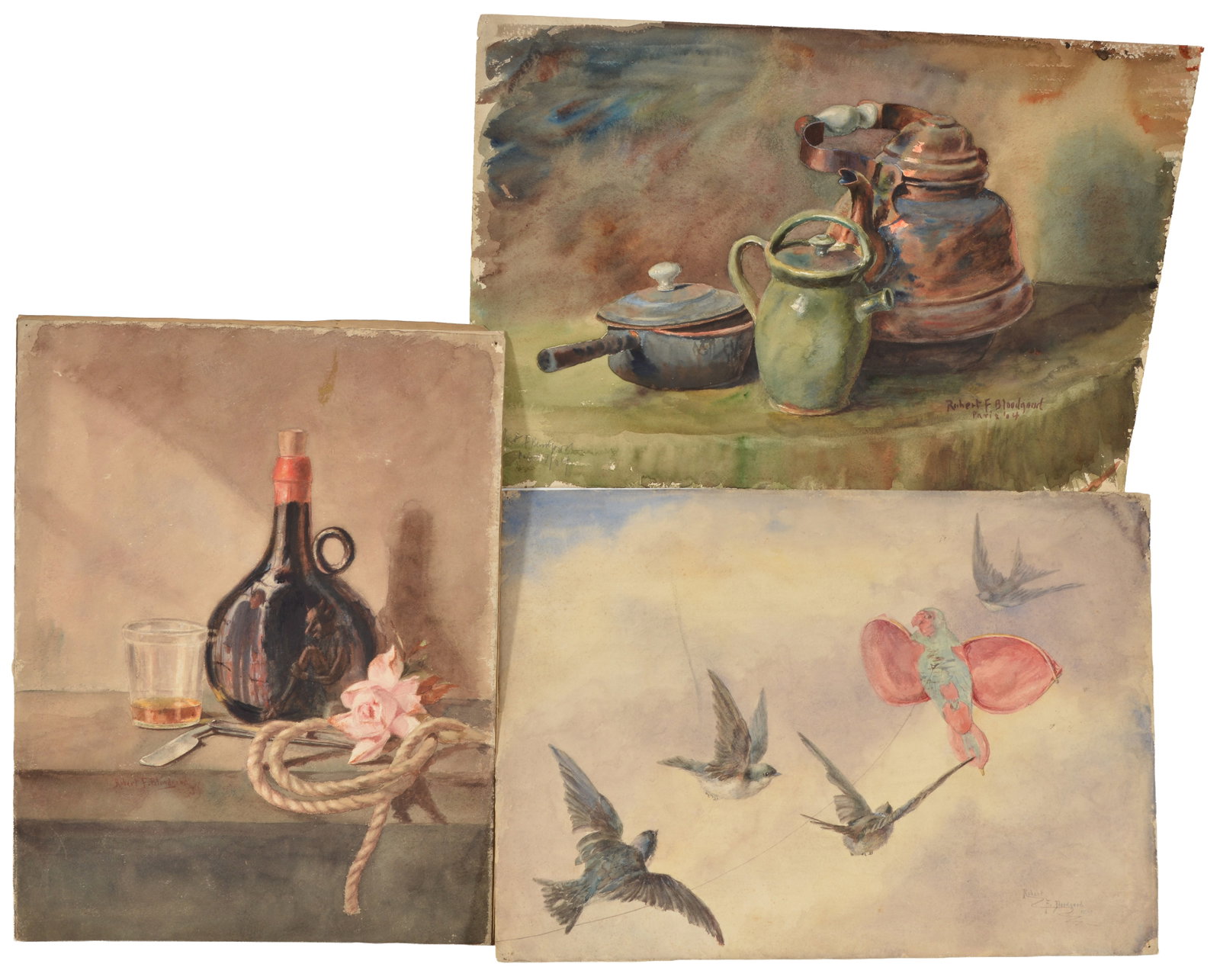 Robert F. Bloodgood 1847-1930, Founding member of Salmagundi Club. 3 Watercolors on paper. To: Robert F. Bloodgood 1847-1930, Founding member of Salmagundi Club. 3 Watercolors on paper. To include 4 swallows flying with a kite, signed lower right and dated 1890 and 2 table top still life one wi
