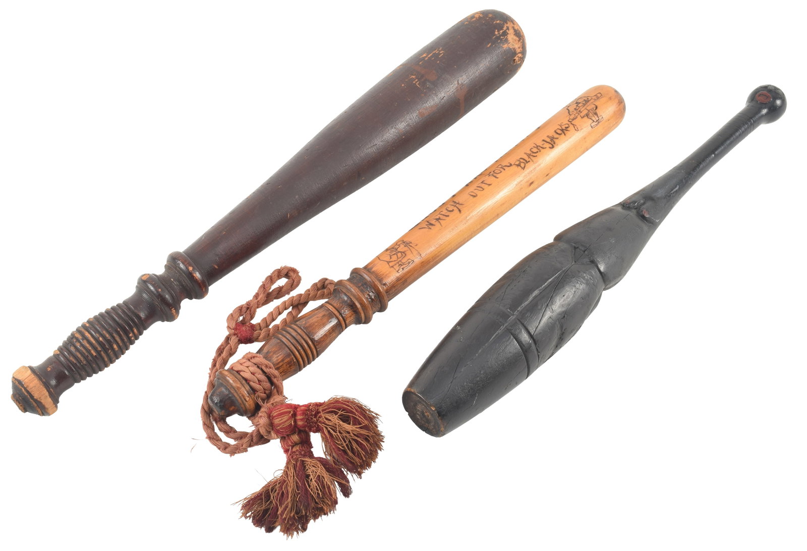 3 pieces of American folk art. 1) Early 20th century Billy club with carved decoration of police (1 of 9)