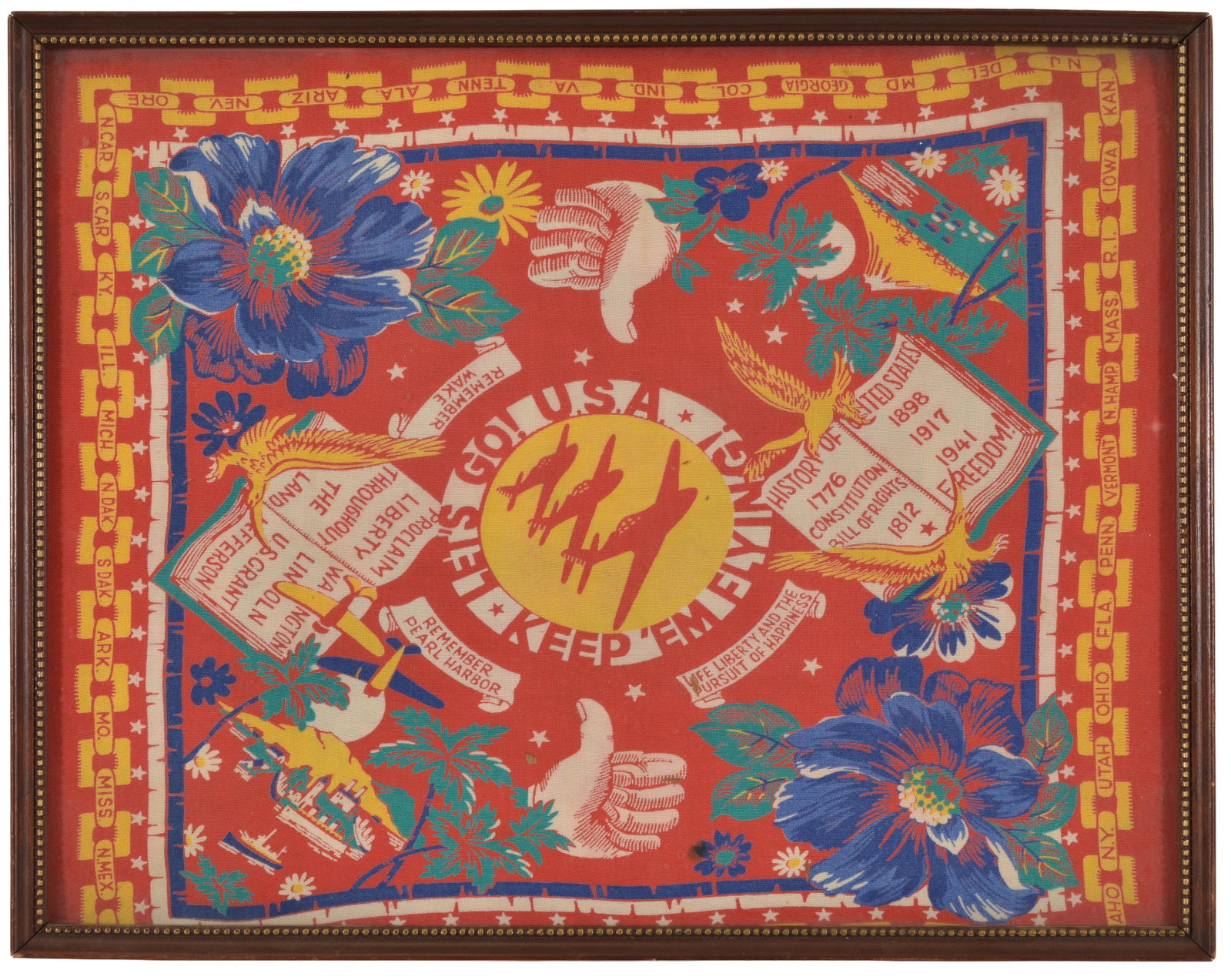 World War II American patriotic souvenir handkerchief, "Let's Go / Keep 'Em Flying". Vibrant colors (1 of 7)