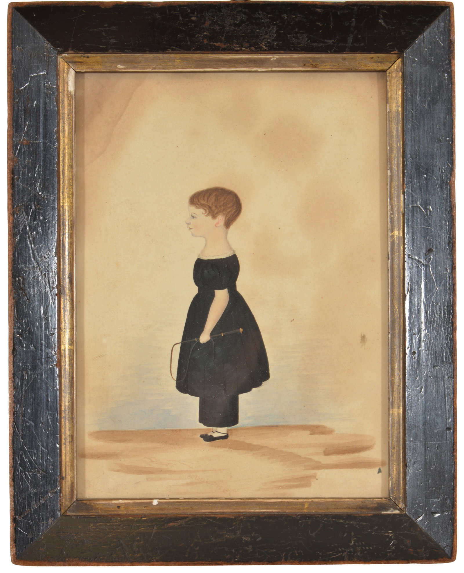 Possibly Edgar Adolphe. Folk-Art watercolor portrait of a child with a riding crop. Signed lower: Possibly Edgar Adolphe. Folk-Art watercolor portrait of a child with a riding crop. Signed lower center "Adolphe". Framed. Image size 7.75 x 5.75 in, overall size 9.5 x 7.5 in.