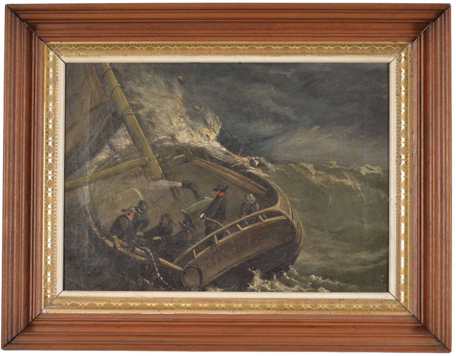 Late 19th Century American. Fishing boat in rough seas with sailors on deck, boat named Good Intent. (1 of 7)