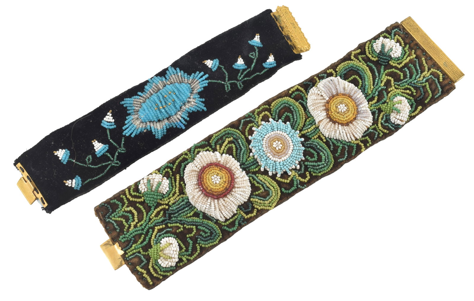 2 Victorian era beadwork bracelets, likely naive American beadwork with gold plate clasps. Lenths: 2 Victorian era beadwork bracelets, likely naive American beadwork with gold plate clasps. Lenths 8.5 and 6.5 in.